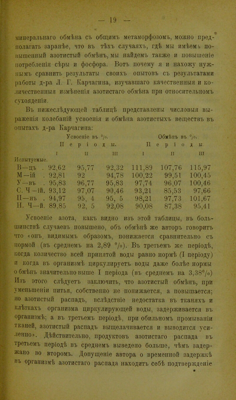 минеральнаго обмѣна съ общимъ метаморфозомь, молшо пред- полагать заранѣе, что въ тѣхъ случаяхъ, гдѣ мы имѣемк по- кышеыный азотистый обмѣнъ, мы найдемъ также и иовышеніе ііотребленія сѣры и фосфора. Вотъ почему я и нахожу нуж- ііымъ сравнить результаты своихъ опытовъ съ резз'льтатами работы д-ра Л. Г. Карчагпна, изучавшаго качественныя и ко- личествеыныя измѣненія азотистаго обмѣна при относительиомъ сухояденіи. Въ нижеслѣдующей таблицѣ представлены числовыя вы- раженія колебаній усвоенія и обмѣна азотистыхъ веществъ въ опытахъ д-ра Карчагина: Усвоеніе въ 10. Обмѣнъ въ II е р і 0 Д Ы. П е р і 0 д ы I II III I и ИІ Испытуемые. В-цъ . 92,62 95,77 92,32 111,89 107,76 115,97 100,45 М—ій . 92,81 92 94,78 100,22 99,51 У—въ . 95,83 96,77 95,83 97,74 96,07 100,46 С. Ч -ій. 93,12 97,07 90,46 93,21 85,53 97,66 ГІ-нъ . 94,97 95, 4 95, 5 98,21 97,73 101,67 Н. Ч-й. 89,85 92, 5 92,08 90,08 87,38 95,41 Усвоеніе азота, какъ видно изъ этой таблицы, въ боль- шинствѣ случаевъ повышено, объ обмѣнѣ же авторъ говоритъ что <онъ, видимымъ образомъ, понижается сравнительно съ нормой (въ среднемъ на 2,89 /о). Въ третьемъ же періодѣ, когда количество всей принятой воды равно нормѣ (I періоду) II когда въ организмѣ циркулируетъ воды даже болѣе нормы обмѣпъ значительно выше I періода (въ среднемъ на 3,387о) Изъ этого слѣдуетъ заключить, что азотистый обмѣнъ, при уменьшепіи питья, собственно не понижается, а повышается; но азотистый распадъ, вслѣдствіе недостатка въ тканяхъ и клѣткахъ организма циркулирующей воды, задерживается въ организмѣ; а въ третьемъ періодѣ, при обильномъ промываніи тканей, азотистый распадъ выш,елачивается и выводится уси- ленно». Дѣйствительно, продуктовъ азотистаго распада въ третьемъ періодѣ въ среднемъ выведено больше, чѣмъ задер- жано во второмъ. Допуш;еніе автора о временной задерлскѣ въ организиѣ азотистаго распада находитъ себѣ подтвержденіе