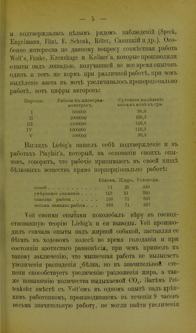 и подтверждалась цѣлымъ рядомъ наблюденій (8рсск, Ейёеішапп, Рііпі, Г. ЗсЬепк, ВШег, Савицкій и др.). Осо- бенно интересна по данному вопросу совмѣстная работа АѴоІГа. Кивке, Кгеи/Ліа&е и Кеііиег’а, которые производили опыты надъ лошадью, получавшей во все время опытовъ одинъ и тотъ же кормъ при различной работѣ, при чемъ выдѣленіе азота въ мочѣ увеличивалось пропорціонально работѣ, вотъ цифры авторовъ: Періоды. 1 И III IV У Работы въ килограм- мометрахъ. 500000 1000000 1500000 1000000 500000 Суточное выдѣленіе азота въ мочѣ въ грм. 98,8 109,3 116,8 110,2 98,3 Взглядъ ІлеЬі^’а нашелъ себѣ подтвержденіе и въ работахъ РіауГаіг’а, который, на основаніи своихъ опы- товъ, говоритъ, что рабочіе принимаютъ въ своей пищѣ бѣлковыхъ веществъ прямо порпорціонадьно работѣ: Бѣлокъ. Жиръ. Углеводы. покой 71 28 340 умѣренное движеніе .... 119 51 350 тяжелая работа 156 71 567 весьма тяжелая работа . . . 184 71 567 У ой своими опытами поколебалъ вѣру въ господ- ствовавшую теорію 1леѣі§’а и ея выводы. У ой произво- дилъ сначала опыты надъ жирной собакой, заставляя ее бѣгать въ ходовомъ колесѣ во время голоданія и при состояніи азотистаго равновѣсія, при чемъ пришелъ къ такому заключенію, что мышечная работа не вызываетъ увеличенія распаденія ь бѣлка, но въ значительной сте- пени способствуетъ увеличенію разложенія жира, а так- же повышенію количества выдыхаемой 002. Затѣмъ Реі- Іенкоі'ег вмѣстѣ съ Уѣй’омъ въ одномъ опытѣ надъ крѣп- кимъ работникомъ, производившемъ въ теченіи 9 часовъ весьма значительную работу, не могли найти увеличенія