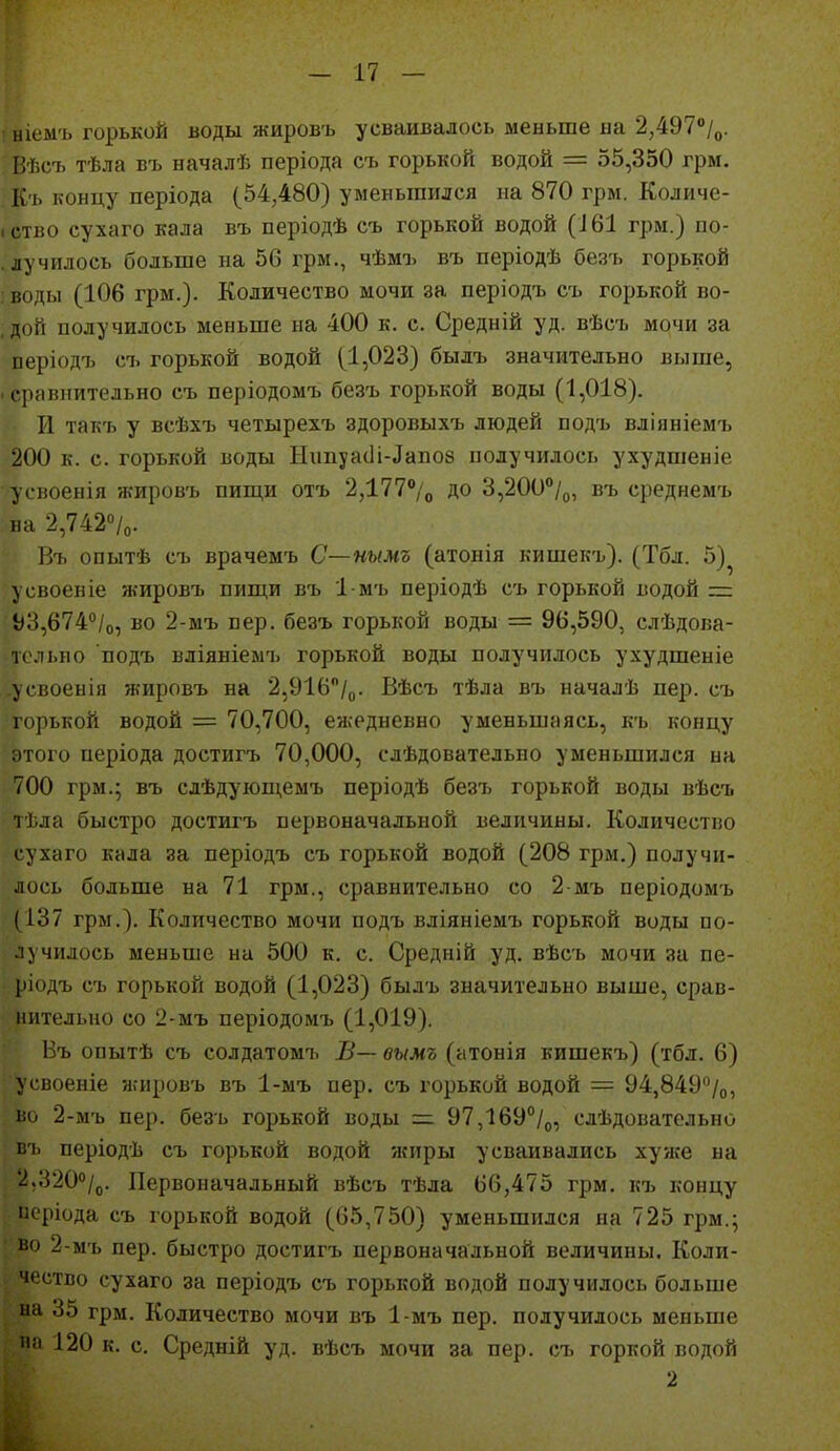 шем'ь горькой воды жировъ усваивалось меньше ыа 2,497/о. Вѣсъ тѣла въ началѣ періода съ горькой водой = 55,350 грм. К'ь концу періода (54,480) уменьшился иа 870 грм. Количе- іство сухаго кала въ періодѣ съ горькой водой (І61 грм.) по- . лучилось больше на 56 грм., чѣмъ въ періодѣ безъ горькой : воды (106 грм.). Количество мочи за періодъ съ горькой во- . дой получилось меньше иа 400 к. с. Средній уд. вѣсъ мочи за періодъ съ горькой водой (1,023) былъ значительно выше, .сравнительно съ періодомъ безъ горькой воды (1,018). И такъ у всѣхъ четырехъ здоровыхъ людей подъ вліяніемъ 200 к. с. горькой воды Нипуасіі-Даііоз получилось ухудшеніе усвоенія жировъ пиш,и отъ 2Д77°/о ДО 3,200'*/о, въ среднемъ ня 2,742''/о. Въ опытѣ съ врачемъ С—нымъ (атонія кишекъ). (Тбл. 5)^ у своей іе жировъ пиш,и въ І мъ періодѣ съ горькой водой — ЬЗ,674°/о, во 2-мъ пер. безъ горькой воды = 96,590, слѣдова- тсльно подъ вліяніемъ горькой воды получилось ухудшеніе .усвоенія жировъ на 2,916/о. Вѣсъ тѣла въ началѣ пер. съ горькой водой = 70,700, ежедневно уменьшаясь, къ концу этого періода достигъ 70,000, слѣдовательно уменьшился нн 700 грм.; въ слѣдующемъ періодѣ безі) горькой воды вѣсъ 1 і ла быстро достигъ первоначальной величины. Количество сухаго кала за періодъ съ горькой водой (208 грм.) получи- лось больше на 71 грм., сравнительно со 2-мъ періодомъ (137 грм.). Количество мочи подъ вліяніемъ горькой воды по- лучилось меньше на 500 к. с. Средній уд. вѣсъ мочи за пе- ріодъ съ горькой водой (1,023) былъ значительно выше, срав- нительно со 2-мъ періодомъ (1,019). Въ опытѣ съ солдатомъ В— вымъ (атонія кишекъ) (тбл. 6) усвоеніе жировъ въ 1-мъ пер. съ горькой водой = 94,849''/о, во 2-мъ пер. безъ горькой воды =:і 97,169°/о, олѣдовательно въ періодѣ съ горькой водой жиры усваивались хуже на '2.;320°/д. Первоначальный вѣсъ тѣла 66,475 грм. къ концу иеріода съ горькой водой (65,750) уменьшился на 725 грм.; ■ Во 2-мъ пер. быстро достигъ первоначальной величины. Коли- чество сухаго за періодъ съ горькой водой получилось больше на 35 грм. Количество мочи въ 1-мъ пер. получилось меньше «■I 120 к. с. Средній уд. вѣсъ мочи за пер. съ горкой водой 2