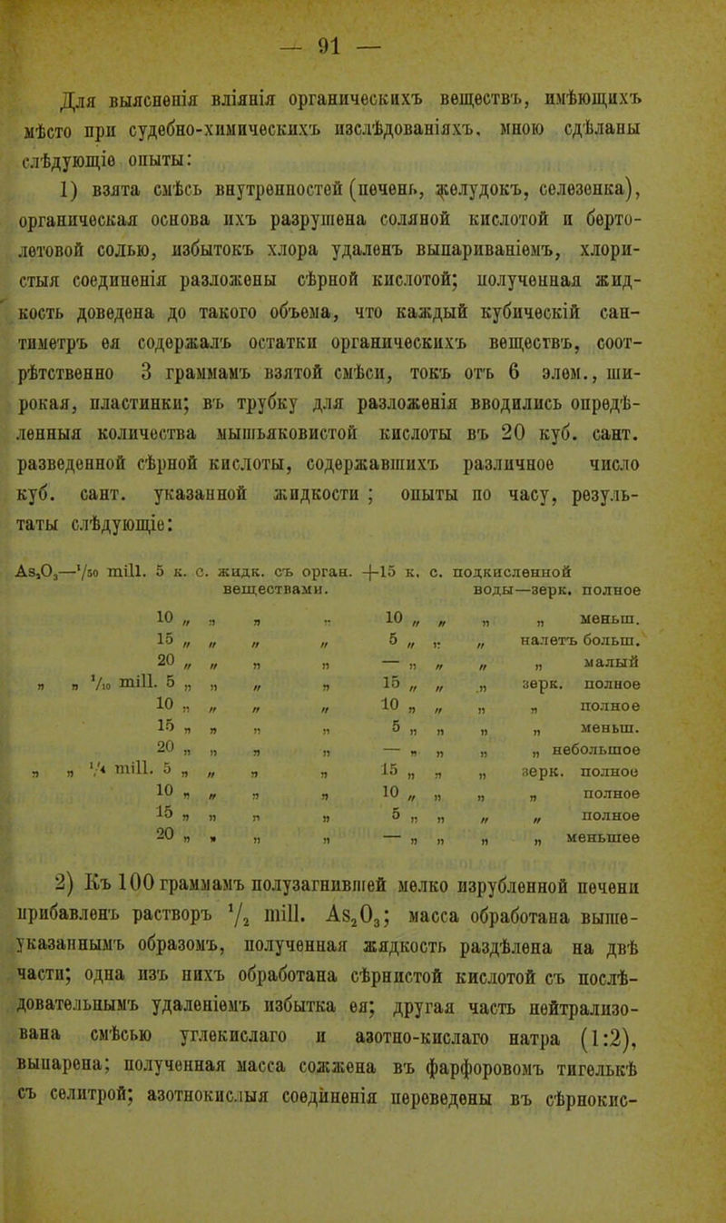 Для выяенѳпія вліянія органическихъ вѳществъ, имѣющихъ ыѣсто при судѳбно-хиыичѳскихъ изслѣдованіяхъ, мною сдѣлаеы слѣдующіе опыты: 1) взята смѣсь внутрѳнпостѳй (печень, ^елудокъ, селезенка), органическая основа ихъ разрушена соляной кислотой и берто- летовой солью, избытокъ хлора удалѳнъ выпариваніемъ, хлори- стыя соединенія разложены сѣрной кислотой; полученная жид- кость доведена до такого объема, что каждый кубичѳекій еан- тиметръ ѳя содержал'Ь остатки органическихъ вещѳствъ, соот- рѣтствѳнно 3 граммамъ взятой смѣси, ток'ь отъ 6 элем., ши- рокая, пластинки; въ трубку для разложенія вводились опрѳдѣ- лѳнныя количества мышьяковистой кислоты въ 20 куб. сант. разведенной сѣрной кислоты, содержавпіихъ различное число куб. сант. указанной жидкости ; опыты по часу, резуль- таты слѣдуюпце: Аз,Оз—'/О 5 к. с. жидк. съ орган. к, с. подкисленной веществами. воды—зерк. полное 10 я я 10 // п я „ ыѳньш. 15 II II II II 5 II II налетъ больш. 20 II II •я !1 я II II „ малый Ѵ>о тШ. 5 )) я II я 15 // II я зерк. полное 10 :і II // II 10 я II я „ полное 1.0 п я л я 5 я я я „ меньш. 20 » 11 я я я я я „ небольшое ','4 тіП. 5 II я я 15 н я я ;шрк. полное 10 п я я 10 // 1) я „ полное 15 я 1) я 5 п я II „ полное 20 я « я я я я „ меньшее 2) Къ 100 граммамъ полузагнившей мелко изрубленной печени прибавленъ растворъ -^^гОз? масса обработана выше- указапнымъ образомъ, полученная жядкость раздѣлена на двѣ части; одна нзъ пихъ обработана сѣрнпетой кислотой съ послѣ- довательнымъ удаленіемъ избытка ея; другая часть нейтрализо- вана смѣсью углекислаго и азотно-кислаго натра (1:2), выпарена; полученная масса сожжена въ фарфоровомъ тигелькѣ съ селитрой; азотнокислыя соѳдйненія переведены въ сѣрнокис-