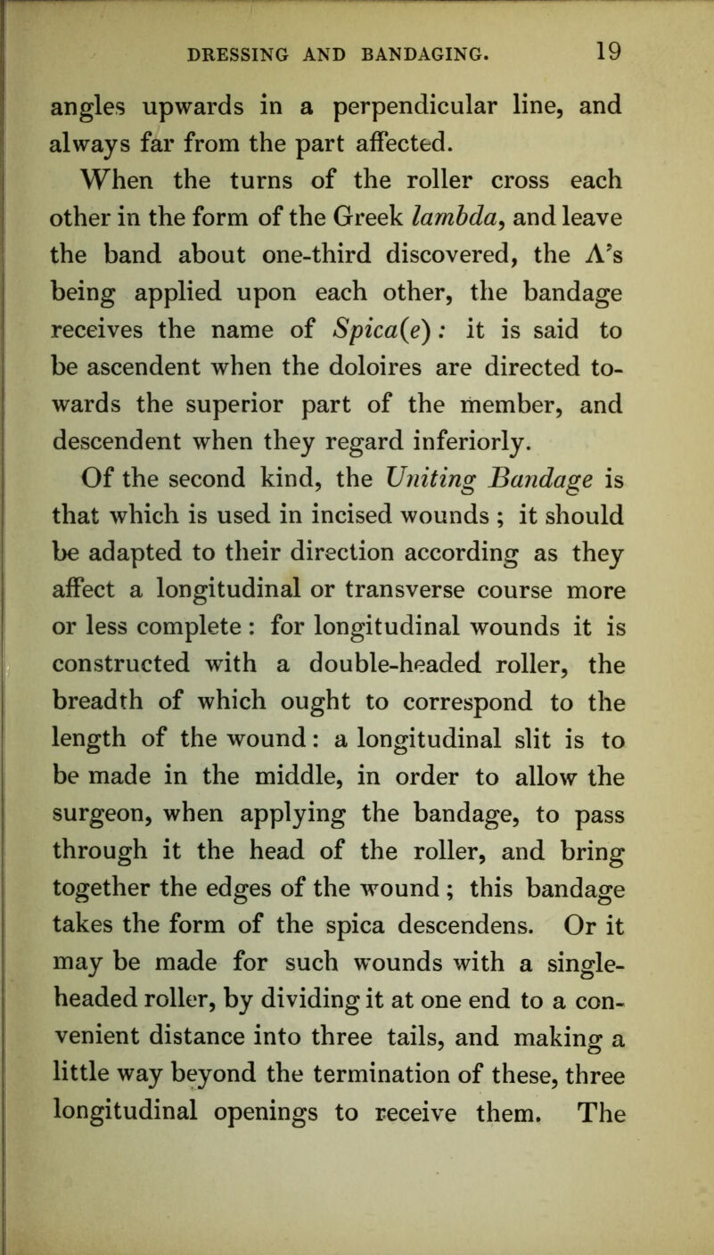 angles upwards in a perpendicular line, and always far from the part affected. When the turns of the roller cross each other in the form of the Greek lambda^ and leave the band about one-third discovered, the As being applied upon each other, the bandage receives the name of Spica{e): it is said to be ascendent when the doloires are directed to- wards the superior part of the member, and descendent when they regard inferiorly. Of the second kind, the Uniting Bandage is that which is used in incised wounds ; it should be adapted to their direction according as they affect a longitudinal or transverse course more or less complete : for longitudinal wounds it is constructed with a double-headed roller, the breadth of which ought to correspond to the length of the wound: a longitudinal slit is to be made in the middle, in order to allow the surgeon, when applying the bandage, to pass through it the head of the roller, and bring together the edges of the wound ; this bandage takes the form of the spica descendens. Or it may be made for such wounds with a single- headed roller, by dividing it at one end to a con- venient distance into three tails, and making a little way beyond the termination of these, three longitudinal openings to receive them. The