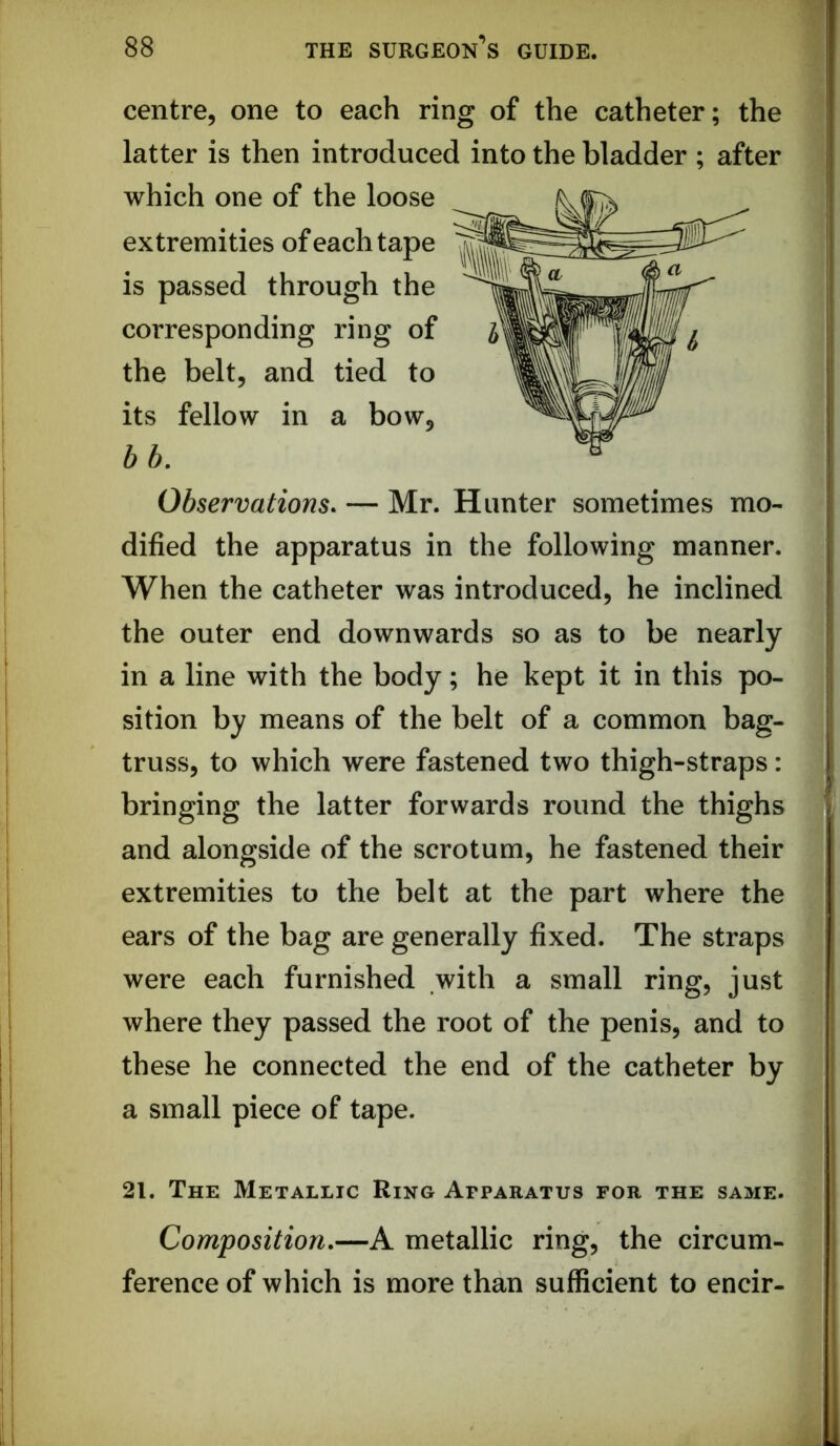 centre, one to each ring of the catheter; the latter is then introduced into the bladder ; after which one of the loose extremities of each tape is passed through the corresponding ring of the belt, and tied to its fellow in a bow, b b. Observations. — Mr. Hunter sometimes mo- dified the apparatus in the following manner. When the catheter was introduced, he inclined the outer end downwards so as to be nearly in a line with the body; he kept it in this po- sition by means of the belt of a common bag- truss, to which were fastened two thigh-straps: bringing the latter forwards round the thighs and alongside of the scrotum, he fastened their extremities to the belt at the part where the ears of the bag are generally fixed. The straps were each furnished with a small ring, just where they passed the root of the penis, and to these he connected the end of the catheter by a small piece of tape. 21. The Metallic Ring Apparatus for the same. Composition.—A metallic ring, the circum- ference of which is more than sufficient to encir-
