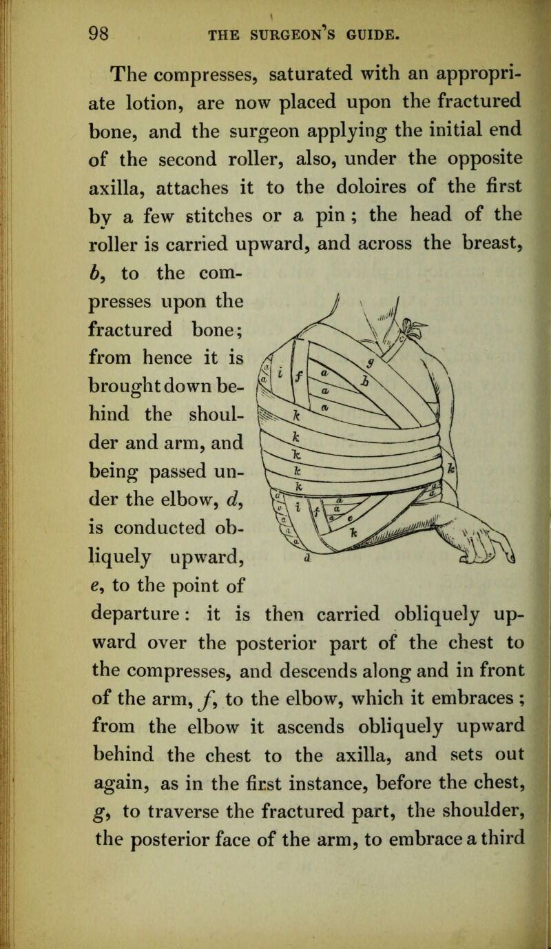 The compresses, saturated with an appropri- ate lotion, are now placed upon the fractured bone, and the surgeon applying the initial end of the second roller, also, under the opposite axilla, attaches it to the doloires of the first by a few stitches or a pin ; the head of the roller is carried upward, and across the breast, 6, to the com- presses upon the fractured bone; from hence it is brought down be- hind the shoul- der and arm, and being passed un- der the elbow, c?, is conducted ob- liquely upward, 6, to the point of departure: it is then carried obliquely up- ward over the posterior part of the chest to the compresses, and descends along and in front of the arm, to the elbow, which it embraces ; from the elbow it ascends obliquely upward behind the chest to the axilla, and sets out again, as in the first instance, before the chest, gj to traverse the fractured part, the shoulder, the posterior face of the arm, to embrace a third