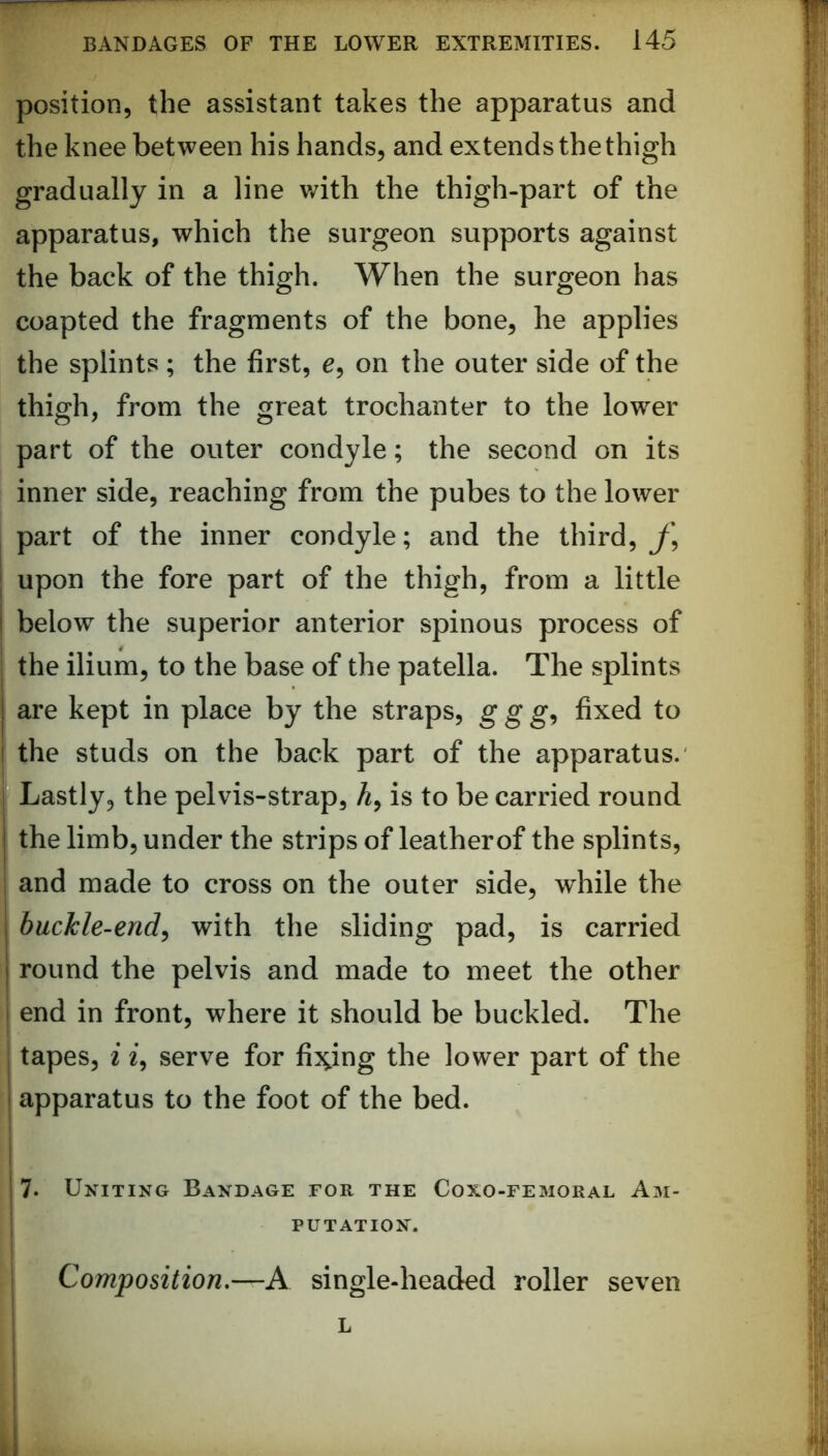 position, the assistant takes the apparatus and the knee between his hands, and extends the thigh gradually in a line with the thigh-part of the apparatus, which the surgeon supports against the back of the thigh. When the surgeon has coapted the fragments of the bone, he applies the splints; the first, e, on the outer side of the thigh, from the great trochanter to the lower part of the outer condyle; the second on its inner side, reaching from the pubes to the lower part of the inner condyle; and the third, y', I upon the fore part of the thigh, from a little I below the superior anterior spinous process of j the ilium, to the base of the patella. The splints j are kept in place by the straps, g g fixed to I the studs on the back part of the apparatus. ! Lastly, the pelvis-strap, A, is to be carried round ! the limb, under the strips of leatherof the splints, j and made to cross on the outer side, while the j buckle-end^ with the sliding pad, is carried I round the pelvis and made to meet the other i end in front, where it should be buckled. The j tapes, i 2, serve for fi^^ing the lower part of the j apparatus to the foot of the bed. j 7. Uniting Bandage for the Coxo-femoral Am- j FETATION. I Composition,—A single-headed roller seven L I