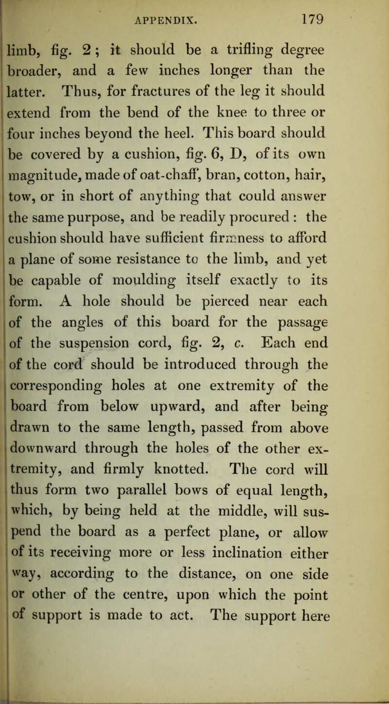 1 limb, fig. 2; it should be a trifling degree I broader, and a few inches longer than the latter. Thus, for fractures of the leg it should extend from the bend of the knee to three or ! four inches beyond the heel. This board should be covered by a cushion, fig. 6, D, of its own I magnitude, made of oat-chaff, bran, cotton, hair, I tow, or in short of anything that could answer I the same purpose, and be readily procured : the cushion should have sufficient firmness to afford I a plane of some resistance to the limb, and yet i be capable of moulding itself exactly to its I form. A hole should be pierced near each of the angles of this board for the passage of the suspension cord, fig. 2, c. Each end j of the cord should be introduced through the corresponding holes at one extremity of the board from below upward, and after being drawn to the same length, passed from above downward through the holes of the other ex- tremity, and firmly knotted. The cord wall thus form two parallel bows of equal length, which, by being held at the middle, will sus- pend the board as a perfect plane, or allow j of its receiving more or less inclination either ' way, according to the distance, on one side I or other of the centre, upon which the point of support is made to act. The support here