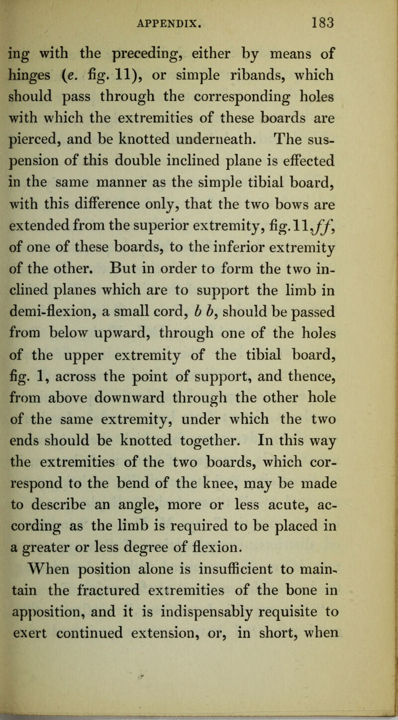 ing with the preceding, either by means of hinges (e. fig. 11), or simple ribands, which should pass through the corresponding holes with which the extremities of these boards are pierced, and be knotted underneath. The sus- pension of this double inclined plane is effected in the same manner as the simple tibial board, with this difference only, that the two bows are extended from the superior extremity, fig. 11,^, of one of these boards, to the inferior extremity of the other. But in order to form the two in- clined planes which are to support the limb in demi-flexion, a small cord, b 6, should be passed from below upward, through one of the holes of the upper extremity of the tibial board, fig. 1, across the point of support, and thence, from above downward through the other hole of the same extremity, under which the two ends should be knotted together. In this way the extremities of the two boards, which cor- respond to the bend of the knee, may be made to describe an angle, more or less acute, ac- cording as the limb is required to be placed in a greater or less degree of fiexion. When position alone is insufficient to main- tain the fractured extremities of the bone in apposition, and it is indispensably requisite to exert continued extension, or, in short, when