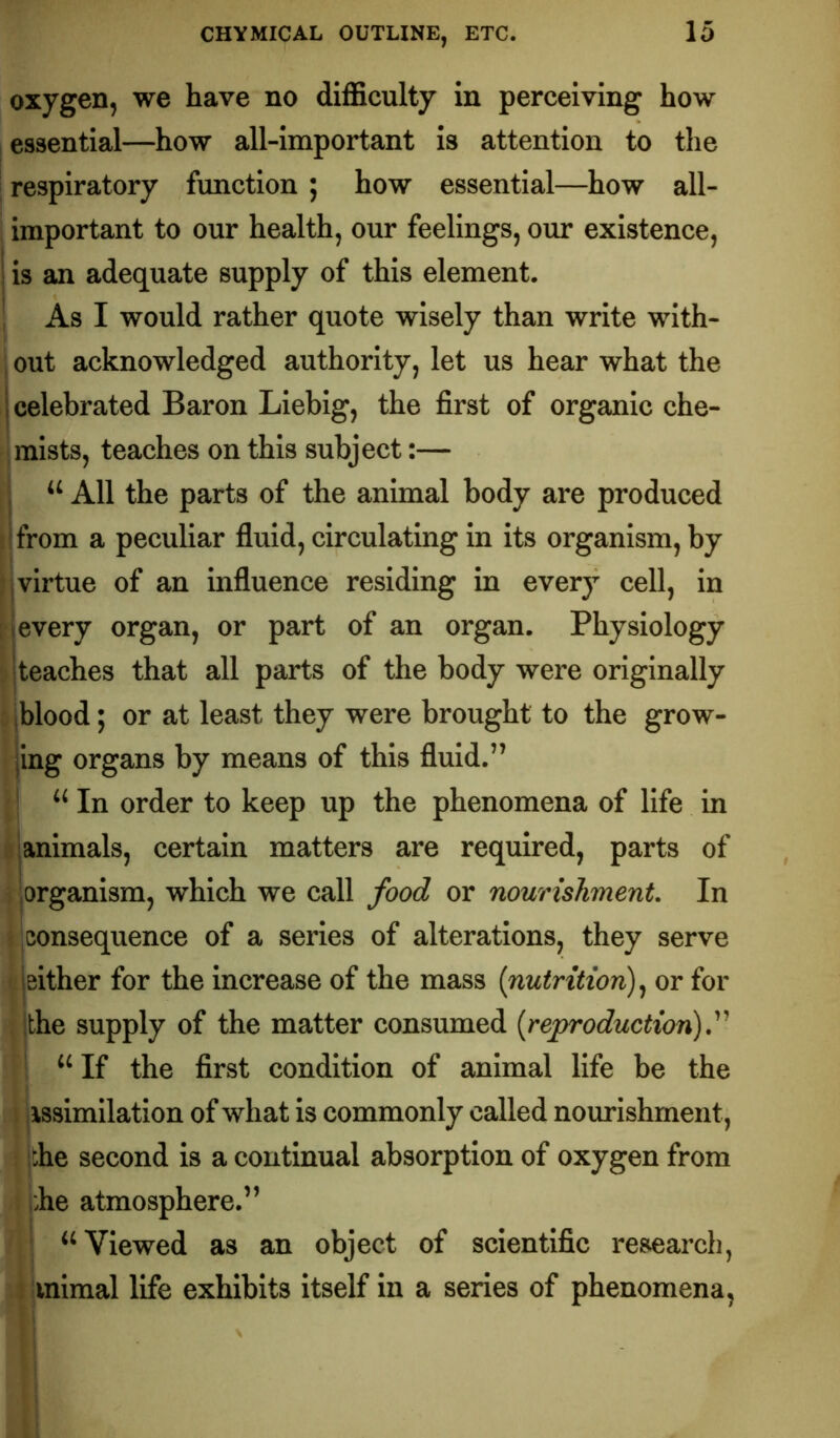 oxygen, we have no difficulty in perceiving how essential—how all-important is attention to the I respiratory function ; how essential—how all- important to our health, our feelings, our existence, ! is an adequate supply of this element. ; As I would rather quote wisely than write with- ; out acknowledged authority, let us hear what the j celebrated Baron Liebig, the first of organic che- Imists, teaches on this subject:— I ‘‘ All the parts of the animal body are produced II from a peculiar fluid, circulating in its organism, by )j virtue of an influence residing in every cell, in I every organ, or part of an organ. Physiology 5 teaches that all parts of the body were originally 5 iblood; or at least they were brought to the grow- jing organs by means of this fluid.” ; j In order to keep up the phenomena of life in pjanlmals, certain matters are required, parts of > jorganism, which we call food or nourishment. In ' iconsequence of a series of alterations, they serve jeither for the increase of the mass {nutrition) or for ithe supply of the matter consumed {reproduction) ! If the first condition of animal life be the I jissimilation of what is commonly called nourishment, J ‘^.he second is a continual absorption of oxygen from ,:he atmosphere.” I “Viewed as an object of scientific research, 11mimal life exhibits itself in a series of phenomena,