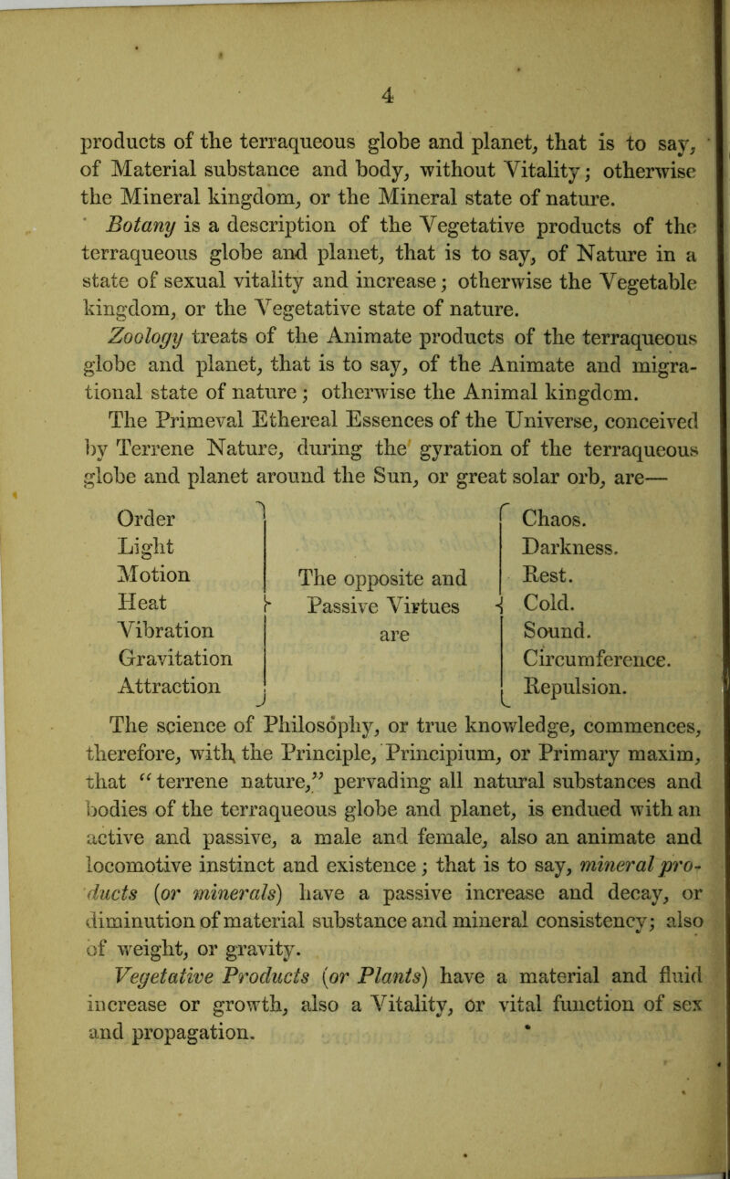 products of the terraqueous globe and planet, that is to say, of Material substance and body, without Vitality; otherwise the Mineral kingdom, or the Mineral state of nature. Botany is a description of the Vegetative products of the terraqueous globe and planet, that is to say, of Nature in a state of sexual vitality and increase; otherwise the Vegetable kingdom, or the Vegetative state of nature. Zoology treats of the Animate products of the terraqueous globe and planet, that is to say, of the Animate and migra- tional state of nature; otherwise the Animal kingdom. The Primeval Ethereal Essences of the Universe, conceived by Terrene Nature, during the' gyration of the terraqueous globe and planet around the Sun, or great solar orb, are— Order Light Motion Heat }- Vibration Gravitation Attraction The opposite and Passive Virtues are Chaos. Darkness. Rest. -! Cold. Sound. Circumference. Repulsion. The science of Philosophy, or true knowledge, commences, therefore, with, the Principle, Principium, or Primary maxim, that “ terrene nature,” pervading all natural substances and bodies of the terraqueous globe and planet, is endued with an active and passive, a male and female, also an animate and locomotive instinct and existence; that is to say, mineral pro- ducts (or minerals) have a passive increase and decay, or diminution of material substance and mineral consistency; also of weight, or gravity. Vegetative Products (or Plants) have a material and fluid increase or growth, also a Vitality, or vital function of sex and propagation.