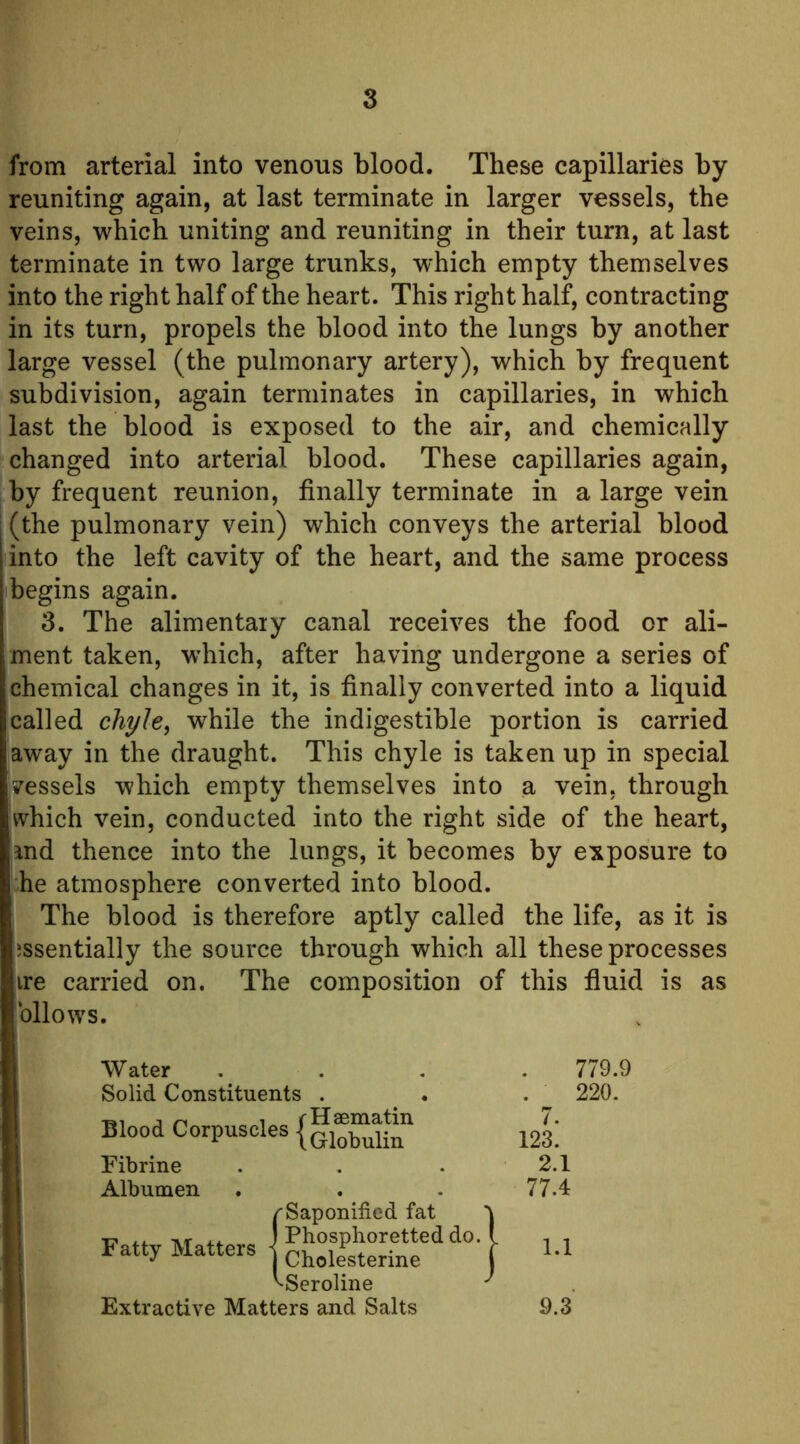 from arterial into venous blood. These capillaries by reuniting again, at last terminate in larger vessels, the veins, which uniting and reuniting in their turn, at last terminate in two large trunks, which empty themselves into the right half of the heart. This right half, contracting in its turn, propels the blood into the lungs by another large vessel (the pulmonary artery), which by frequent subdivision, again terminates in capillaries, in which last the blood is exposed to the air, and chemically changed into arterial blood. These capillaries again, by frequent reunion, finally terminate in a large vein (the pulmonary vein) which conveys the arterial blood into the left cavity of the heart, and the same process begins again. 3. The alimentary canal receives the food or ali- ment taken, which, after having undergone a series of chemical changes in it, is finally converted into a liquid called chyle, while the indigestible portion is carried away in the draught. This chyle is taken up in special vessels which empty themselves into a vein, through which vein, conducted into the right side of the heart, md thence into the lungs, it becomes by exposure to he atmosphere converted into blood. The blood is therefore aptly called the life, as it is issentially the source through which all these processes ire carried on. The composition of bllows. this fiuid is as Water 779.9 Solid Constituents . . ^ 220. Blood Corpuscles {eiXli^ 123! Fibrine . . . 2.1 Albumen 77.4 /Saponified fat 1.1 ^Seroline ^ Extractive Matters and Salts 9.3