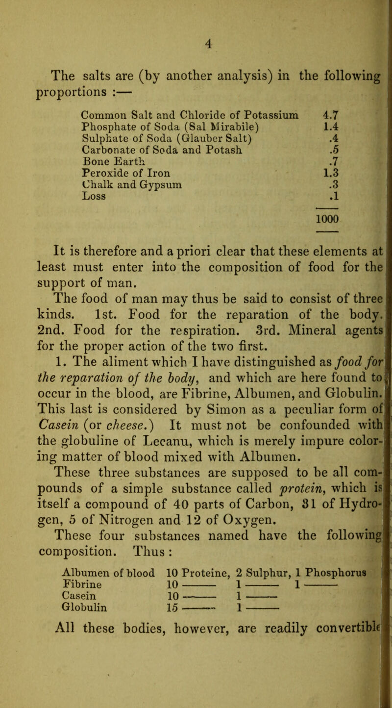 The salts are (by another analysis) in the following proportions :— Common Salt and Chloride of Potassium L 4.7 Phosphate of Soda (Sal Mirabile) 1.4 Sulphate of Soda (Glauber Salt) .4 Carbonate of Soda and Potash .5 Bone Earth .7 Peroxide of Iron 1.3 Chalk and Gypsum .3 Loss .1 1000 It is therefore and a priori clear that these elements at least must enter into the composition of food for the support of man. The food of man may thus be said to consist of three kinds. 1st. Food for the reparation of the body. 2nd. Food for the respiration. 3rd. Mineral agents for the proper action of the two first. 1. The aliment which I have distinguished diS food for the reparation of the body, and which are here found to occur in the blood, are Fibrine, Albumen, and Globulin. This last is considered by Simon as a peculiar form of Casein (or cheese,) It must not be confounded with the globuline of Lecanu, which is merely impure color- ing matter of blood mixed with Albumen. These three substances are supposed to be all com- pounds of a simple substance called protein, which is itself a compound of 40 parts of Carbon, 81 of Hydro- gen, 5 of Nitrogen and 12 of Oxygen. These four substances named have the following composition. Thus: Albumen of blood 10 Proteine, 2 Sulphur, 1 Phosphorus Fibrine 10 1 1 Casein 10 1 Globulin 15 1 All these bodies, however, are readily convertible