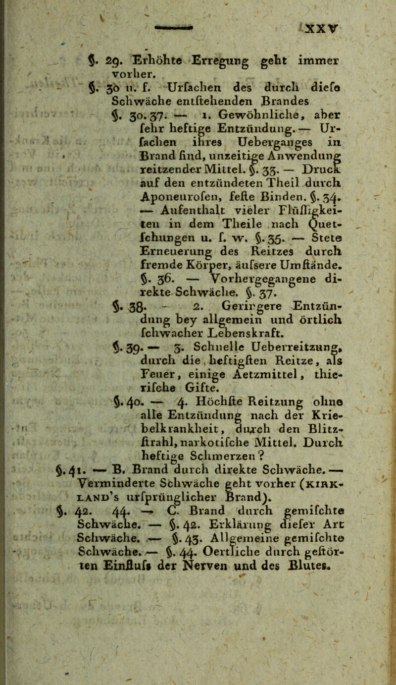 XXV 5« Qg» Erhöhte Erregung geht immer vorher. §. 56 u. f. Urfachen des durch diefa Schwäche entftelienden Brandes $• 30.37. — 1. Gewöhnliche, aber fehr heftige Entzündung. — Ur- fachen ihres Ueberganges iu Brand find, unzeitige Anwendung reitzender Mittel. §. 35. — DrucC auf den entzündeten Theil durch Aponeurofen, fefie Binden. §. 54. — Aufenthalt vieler Flüfiigkei- ten in dem Theile nach Quet- fchungen u. f. w. §.35. — Stete Erneuerung des Reitzes durch fremde Körper, äufsere Umftände. §. 36. — Vorhergegangene di- rekte Schwäche. §.37. 5. 38. ' 2, Geringere Entzün- dung bey allgemein und örtlich fcliwacher Lebenskraft. 5. 39. — 3. Schnelle Ueberreitzung, durch die , heftigfien Reitze, als Feuer, einige Aetzmittel, thie- rifche Gifte. 5.40. — 4* Höchfte Reitzung ohne alle Entzündung nach der Krie- belkrankheit, durch den Blitz- Xtrahl, narkotifche Mittel. Durch heftige Schmerzen? 41. — B. Brand durch direkte Schwäche.-— Verminderte Schwäche geht vorher (kirk- land’s urfprünglicher Brand). 42. 44* durch gemifchte Schwäche. — §. 42. Erklärung diefer Are Schwäche. — §.43. Allgemeine gemifchte Schwäche. — §. 44- Oertliche durch gehör- ten Einfiufs der Nerven und des Blutes«