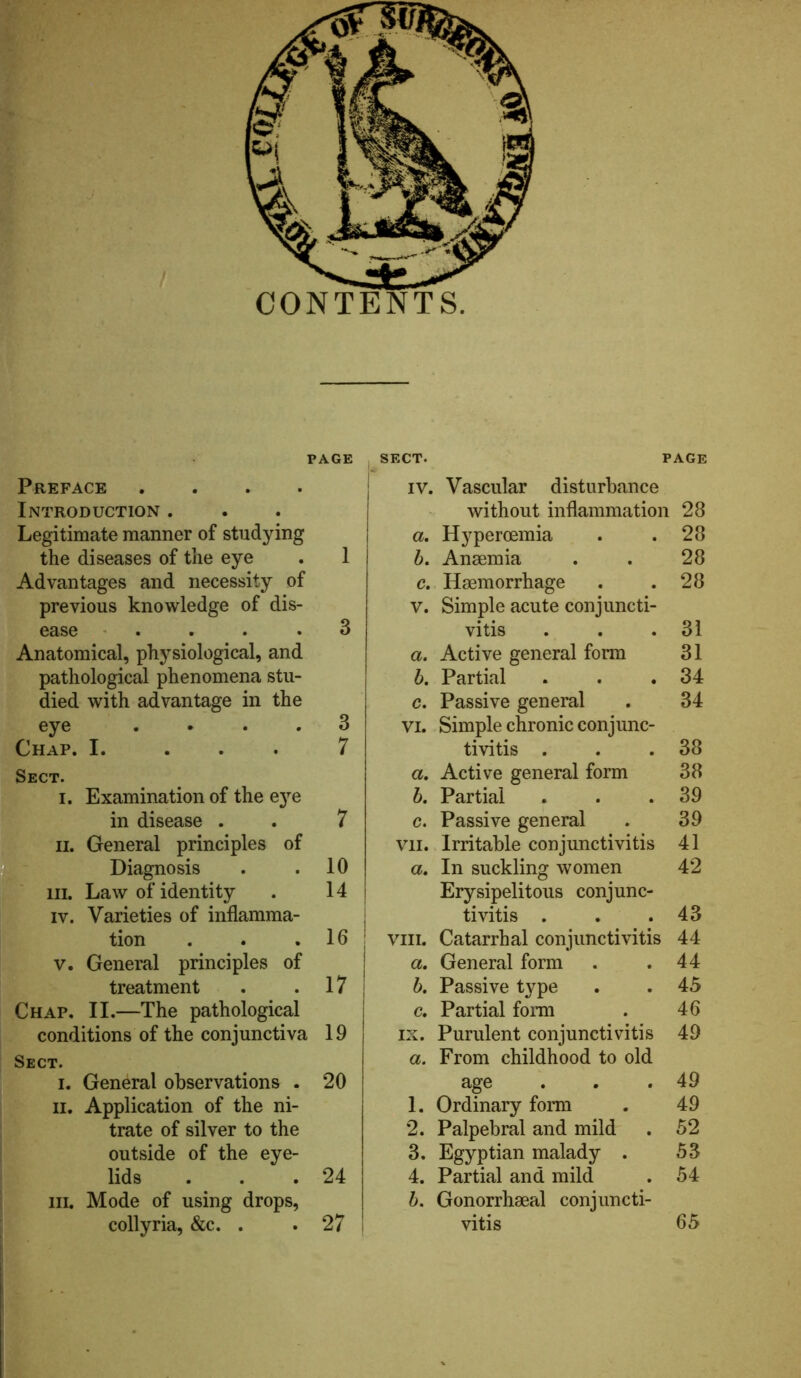 CONTENTS. PAGE Preface .... Introduction . Legitimate manner of studying the diseases of the eye . 1 Advantages and necessity of previous knowledge of dis- ease .... 3 Anatomical, physiological, and pathological phenomena stu- died with advantage in the eye .... 3 Chap. I. ... 7 Sect. i. Examination of the eye in disease . . 7 ii. General principles of Diagnosis . .10 m. Law of identity . 14 iv. Varieties of inflamma- tion . . .16 v. General principles of treatment . .17 Chap. II.—The pathological conditions of the conjunctiva 19 Sect. i. General observations . 20 ii. Application of the ni- trate of silver to the outside of the eye- lids . . .24 in. Mode of using drops, collyria, &c. . .27 iv. Vascular disturbance without inflammation 28 a. Hyperoemia . .28 b. Anaemia . . 28 c. Haemorrhage . .28 v. Simple acute conjuncti- vitis . . .31 a. Active general form 31 b. Partial . . .34 c. Passive general . 34 vi. Simple chronic conjunc- tivitis . . .38 a. Active general form 38 b. Partial . . .39 c. Passive general . 39 vii. Irritable conjunctivitis 41 a. In suckling women 42 Erysipelitous conjunc- tivitis . . .43 viii. Catarrhal conjunctivitis 44 a. General form . .44 b. Passive type . . 45 c. Partial form . 46 ix. Purulent conjunctivitis 49 a. From childhood to old age . . .49 1. Ordinary form . 49 2. Palpebral and mild . 52 3. Egyptian malady . 53 4. Partial and mild . 54 b. Gonorrhaeal conjuncti- vitis 65