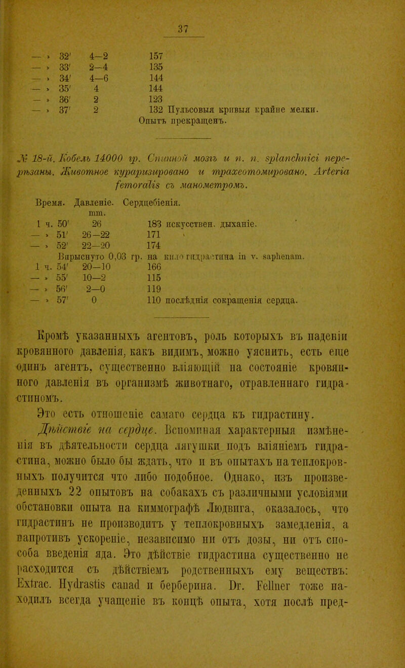 - . 32' 4-2 157 - > 33' 2-4 135 - . 34' 4-6 144 - > 35' 4 144 - • 36' 2 123 - . 37' 2 132 Пульсовыя крігвыя крайне мелап. Опытъ прекращенъ. Л;* 18-й. Нобель 14000 г}'). Сіиііін >і'і мозгъ и п. п. зріапскпісі пере- рѣзаны. Животное кураризировано и трахеотомированп. Агіегга ^етогаЫз съ манометромъ. Врезія. Давленіе. Сердцебіенія. тт. 1 ч. 50' 2й 183 искусствен, дыханіе. — . 51' 26-22 171 — . 52' 22-20 174 Иіірысвуто 0,03 гр. па кило гидраі^тііна ш ѵ. зарііепат. 1 ч. 54' 20-10 166 — . 55' 10—2 115 — > 56' 2-0 119 — > 57' О 110 посіѣднія сокрапхенія сердца. Кромѣ указаныыхъ агептовъ, роль которыхъ въ паденіи кровянного давленія, какъ видиыъ, можно уяснить, есть еще одішъ агентъ. существенно вліяіощій на состояніе кровян- ного давленія въ органпзмѣ жпвотнаго, отрав.іеннаго гидра- стиномъ. Это есть отпошсаіе самаго сердца къ гидрастину. Дѣііствге на сердце. Вспоминая характерныя пзмѣне- иія въ дѣятельностіі сердца лягушки нодъ вліяніемъ гидра- стпна, можно было бы ждать, что п въ опытахъ натеплокров- ныхъ получится что либо подобное. Однако, изъ пропзве- денныхъ 22 опытовъ на собакахъ съ различными условіями обстановки опыта па кпммографѣ Людвига, оказалось, что гидрастинъ не производитъ у теплокровныхъ замсдленія, а Бапротивъ ускореніе, независимо ни отъ дозы, ни отъ спо- соба введенія яда. Это дѣйствіе гидрастина существенно не расходится съ дѣйствіемъ родственныхъ ему веществъ: Ехігас. Ну(іга8ІІ8 саиасі и берберина. Ог. Реііпег тоже на- ходплъ всегда учащеніе въ концѣ опыта, хотя послѣ пред-