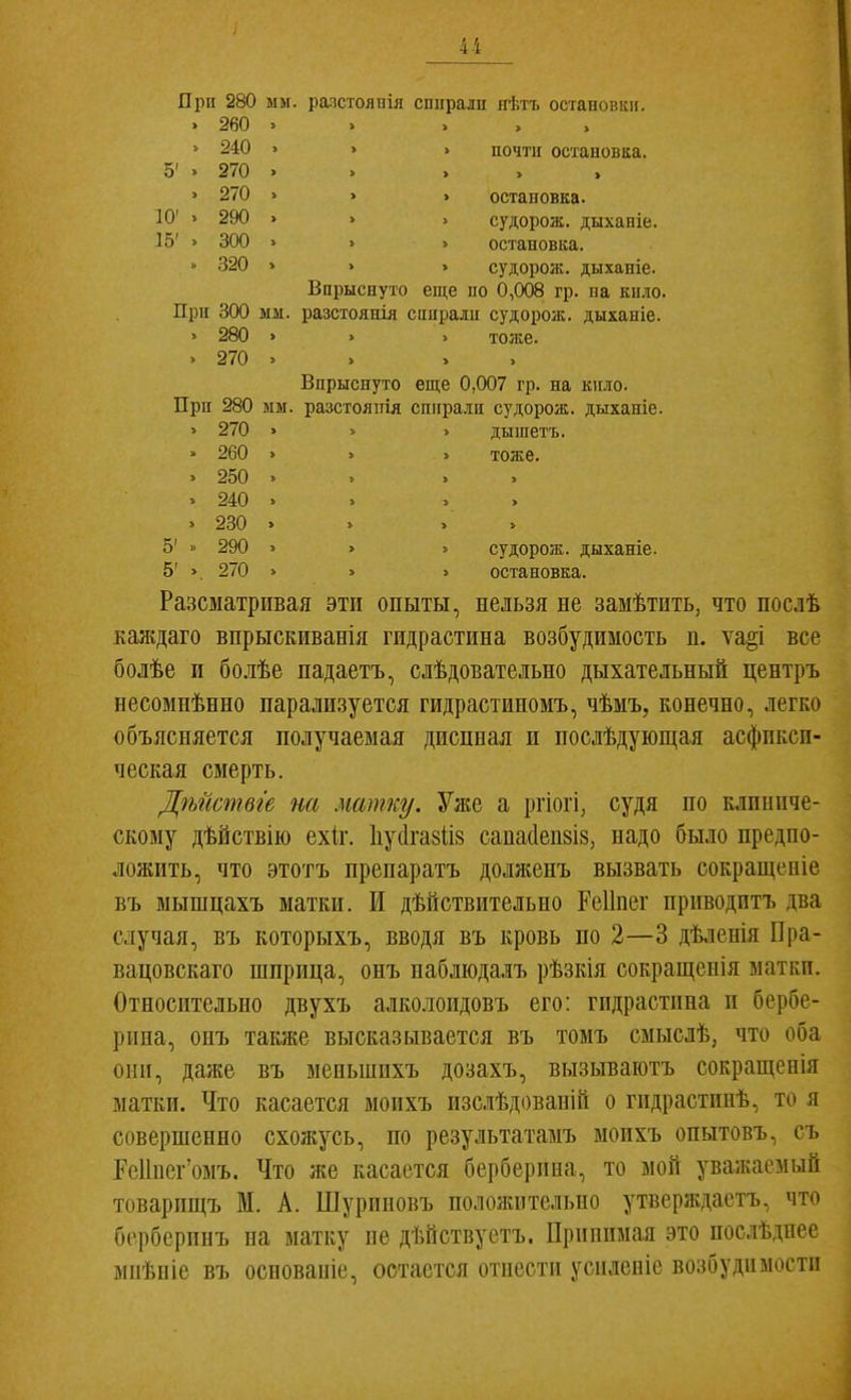 Яри 280 мм. разстояпія спііралп яѣтъ остановки. » 260 > . . . . » 240 > > » почти остановка. 5' . 270 • » 270 > » > остановка. 10' > 290 » > . судорож. дыханіе. 35' » 300 > » » остановка. » 320 > > > судорож. дыханіе. Впрыснуто еще по 0,008 гр. па кп.ю. Щш 300 мм. разстоянія сппралп судорож. дыханіе. > 280 » > > тоже. . 270 > Впрыснуто еще 0,007 гр. на кіі.іо. Прп 280 мм. разстояпія спира.іи судорож. дыханіе. » 270 > > > дышетъ. » 260 > > > тоже. » 250 » . 240 » > 230 » 5' » 290 > > » судорож. дыханіе. 5' >. 270 > > » остановка. Разсматривая эти опыты, нельзя не замѣтпть, что послѣ каждаго впрыскиванія гидрастина возбудимость п. ѵа^і все болѣе и болѣе падаетъ, слѣдовательно дыхательный центръ несомнѣнно парализуется гидрастиномъ, чѣмъ, конечно, легко объясняется получаемая диспная и послѣдующая асфпксп- ческая смерть. Дѣйствге на матку. Уже а ргіогі, судя по клиниче- скому дѣйствію ехіг. куйгазИз санасіеизіз, надо было предпо- ложить, что этотъ препаратъ долліенъ вызвать сокращеніе въ мышцахъ матки. И дѣйствительно Ееііпет ириводитъ два случая, въ которыхъ, вводя въ кровь по 2—3 дѣленія Пра- вацовскаго шприца, онъ наблюдаіъ рѣзкія сокращенія матки. Относительно двухъ алко.іоидовъ его: гидрастина и бербе- рина, онъ также высказывается въ томъ смыслѣ, что оба они, даже въ мепынпхъ дозахъ, вызываютъ сокращенія матки. Что касается моихъ изслѣдованій о гидрастинѣ, то я совершенно схожусь, по результатамъ моихъ опытовъ, съ ЕсПнсг'омъ. Что же касается берберина, то мой уважаемый товарпщъ М. А. Шуриновъ положительно утверждастъ, что берберинъ на матку не дѣйствуетъ. Принимая это послѣднес мнѣніе въ основаніе, остается отнести усиленіс возбудимости