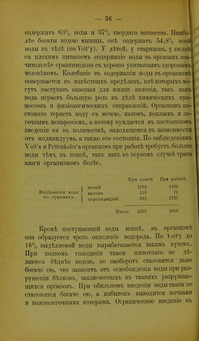 содерлситъ 63|о воды и 87''1о твердаго вещества. Наибо- лѣе богаты водою мыпіцы, онѣ содержать 54,8% всей воды въ тѣлѣ (поѴоі1і'у), У дѣтей, у стариковъ, у людей съ плохимъ питаніемъ содержаніе воды въ оргаиахъ зиі чительнѣе сравнительно съ хорошо уиитаннымъ здоровымъ человѣкомъ. Колебаніе въ содержаніи воды въ организмѣ совершается въ извѣстныхъ предѣлахъ, внѣкоторыхъмо- гутъ наступать опасныя для :ісизни явленія, такъ какъ вода играетъ большую роль въ дѣлѣ хтіическихъ про- цессовъ и физіологическихъ отправленій. Организмъ по- стоянно теряетъ воду съ мочею, каломъ, кожнымъ и ле- гочнымъ испареніемъ, а потому нуждается въ постоянномъ введеніи ея въ количествѣ, находяпіемся въ зависпмости отъ индивидуума, а также его состоянія. По наблюденіямъ Ѵоіі^а и РейепкоГег'а организмъ при работѣ требуетъ больше воды чѣмъ въ покоѣ, такъ какъ въ первомъ случаѣ трата влаги организмомъ болѣе. При поЕоѣ При рабогЬ. мочей 1212 1155 Выдѣляется воды I каломъ НО 77 въ граммахъ ] перспираціен 931 1727 Итого 2253 2959 Кромѣ поступающей воды извнѣ, въ организмѣ она образуется чрезъ окисленіе водорода. По ^оі1'у до Іб^^Іо выдѣляемой воды вырабатывается такимъ путемъ. При полномъ голоданіи ткани жпвотнаго не дѣ- лаются бѣднѣе водою, но наоборотъ становятся далѵе богаче ею, что зависитъ отъ освобожденія воды при раз- рупіеніп бѣлковъ, заключенныхъ въ тканяхъ разрушаю- щихся органовъ. При обильиомъ введеніи воды ткани не становятся богаче ею, а избытокъ выводится почками и кожнолегочными потерями. Ограниченное введеніе въ