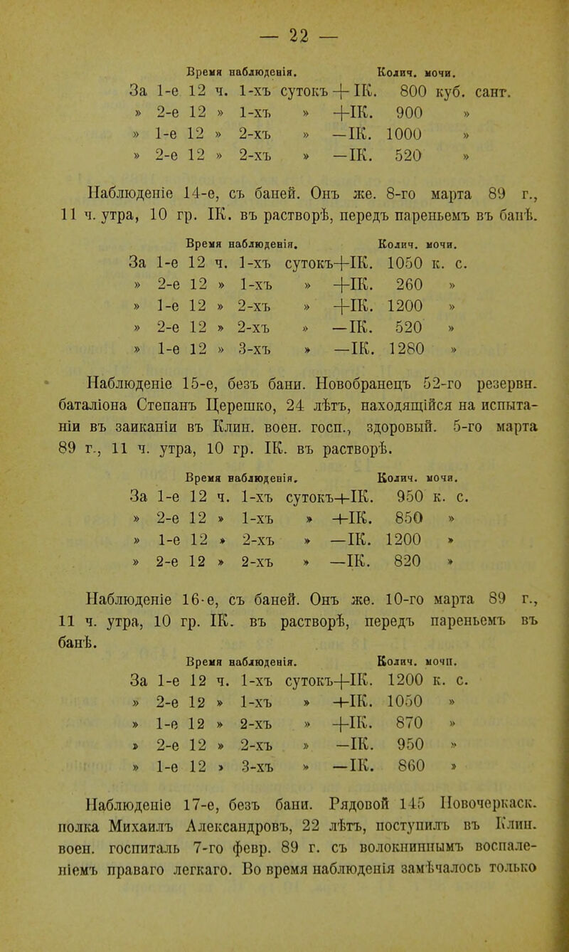 Время наблюдевія. Колич. мочи. За 1-е 12 ч. 1-хъ сутокъ-|-ІК. 800 куб. санг. » 2-е 12 » 1-хъ » +ІК. 900 » 1-е 12 » 2-хъ » — ІК. 1000 » 2-е 12 » 2-хъ » —ІК. 520 » Наблюдете 14-е, съ баней. Онъ ;ке. 8-го марта 89 г., 11 ч. утра, 10 гр. ІК. въ растворѣ, передъ пареньемъ въ бапѣ. Время наблюдевія. Колич. ночи. За 1-е 12 ч. 1-хъ сутокъ+ІК. 1050 к. с. » 2-е 12 » 1-хъ » +ІК. 260 » » 1-е 12 » 2-хъ » 1200 » » 2-е 12 » 2-хъ » — ІК. 520 » » 1-ѳ 12 » 3-хъ » —ІК. 1280 » Наблюденіе 15-е, безъ бани. Новобранецъ 52-го резервн. баталіона Степанъ Церешко, 24 лѣтъ, находящаяся на испыта- ніи въ заиканіи въ Клин. воен. госп., здоровый. 5-го марта 89 г., II ч. утра, 10 гр. ІК. въ растворѣ. Бремя ваблюдевія, Колич. ночи. За 1-е 12 ч. 1-хъ сутокъ+ІК. 950 к. с. » 2-е 12 » 1-хъ » -НІК. 850 » » 1-е 12 » 2-хъ » —ІК. 1200 » » 2-е 12 » 2-хъ » —ІК. 820 » Наблюденіе 16-е, съ баней. Онъ же. 10-го марта 89 г., 11 ч. утра, 10 гр. ІК. въ растворѣ, передъ пареньемъ въ банѣ. Время ваблюденія. Колич. ночи. За 1-е 12 ч. 1-хъ сутокъ+ІК. 1200 к. с. » 2-е 12 » 1-хъ » -НІК. 1050 » » 1-е 12 » 2-хъ » -|-ІК. 870 » 2-е 12 » 2-хъ » -ІК. 950 » » 1-е 12 > 3-хъ » —ІК. 860 » Наблюдение 17-е, безъ бани. Рядовой 145 Иовочеркаск. полка Михаилъ Александровъ, 22 лѣтъ, поступил!, въ Клип, воеп. госпиталь 7-го февр. 89 г. съ волоішишшмъ воспале- ніемъ праваго легкаго. Во время наблюденія замечалось то.іько