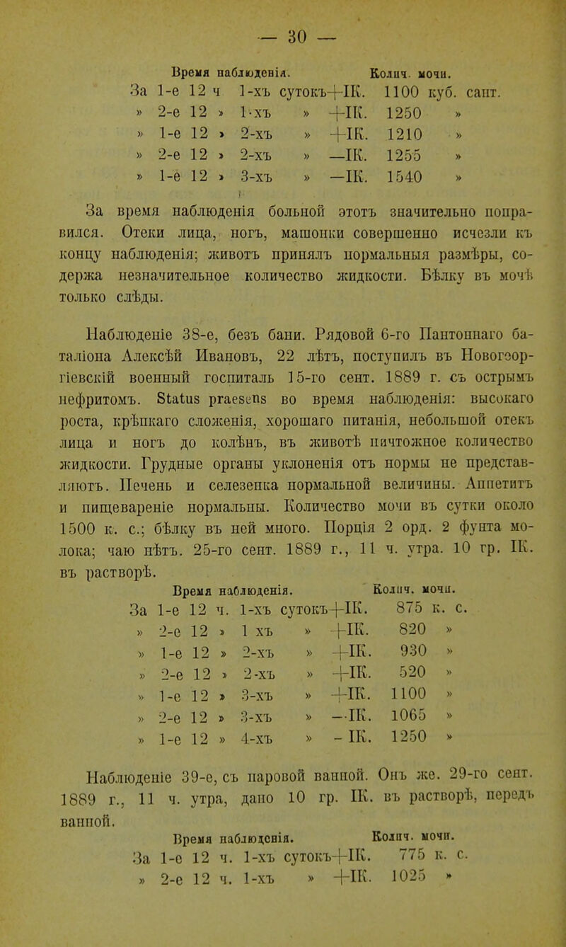 Время паблюдсвіл. Колич. мочи. За 1-е 12 ч 1-хъ сутокъ-|-ІК. 1100 куб. саііт. » 2-е 12 » 1-хъ » +ІК. 1250 » 1-ѳ 12 » 2-хъ » -КК. 1210 » 2-е 12 » 2-хъ » —ІК. 1255 » 1-е 12 » 3-хъ » —ІК. 1540 За время наблюденія больной этотъ значительно попра- вился. Отеки лица, ногъ, машонки совершенно исчезли къ концу наблюденія; животъ принялъ нормальныя размѣры, со- держа незначительное количество жидкости. Бѣлку въ мочѣ только слѣды. Наблюденіе 38-е, безъ бани. Рядовой С-го Паптоннаго ба- таліона Алексѣй Ивановъ, 22 лѣтъ, поступилъ въ Новогоор- гіевскій военный госпиталь 15-го сент. 1889 г. съ острымъ иефритомъ. Зіаіив ргаезііпз во время наблюденія: высокаго роста, крѣпкаго слоніенія, хорошаго питанія, небольшой отекъ лица и ногъ до колѣнъ, въ лсивотѣ ничтожное количество жидкости. Грудные органы уіслоненія отъ нормы не представ- ляютъ. Печень и селезенка нормальной величины. Аппетитъ и пищевареніе нормальны. Количество мочи въ сутки около 1500 к. с; бѣлку въ ней много. Порція 2 орд. 2 фунта мо- лока; чаю нѣтъ. 25-го сент. 1889 г., 11 ч. утра. 10 гр. ІК. въ растворѣ. Время наОлюдснія. Колич. мочи. За 1-е 12 ч. 1-хъ сутокъ+ІК. 875 к. с. » 2-0 12 » 1 хъ » +ІК. 820 » 1- е 12 » 2-хъ » 4-ІК. 930 2- е 12 » 2-хъ » -ЬІК. 520 1- е 12 » 3-хъ » +ІК. 1100 2- е 12 » 3-хъ » —ІК. 1065 1-е 12 » 4-хъ » - ІК. 1250 Набліоденіе 39-е, съ паровой ванной. Онъ лее. 29-го сент. 1889 г., 11 ч. утра, дано Ю гр. ІК. въ растворѣ, персдъ ванной. Время паблюцснія. Колпч. мочп. За 1-е 12 ч. 1-хъ сутокъ+ІК- 775 к. с. » 2-е 12 ч. 1-хъ V +ІК. 1025 »