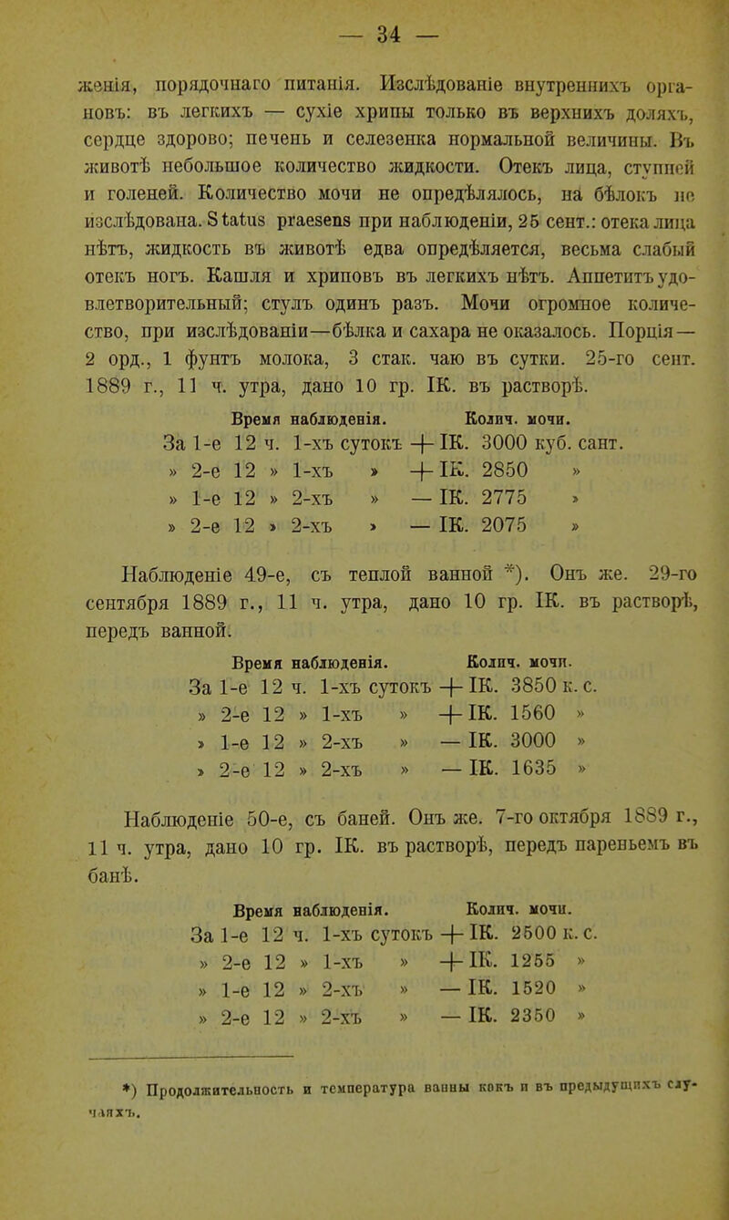 жеиія, порядочнаго питанія. Изслѣдованіе внутреннихъ орга- новъ: въ легкихъ — сухіе хрипы только въ верхнихъ доляхъ, сердце здорово; печень и селезенка нормальной величины. Въ животѣ небольшое количество жидкости. Отекъ лица, ступпон и голеней. Количество мочи не опредѣлялось, на бѣлокъ не йзслѣдована. 8 Шиз ргаезепз при наблюденіи, 25 сент.: отека лица нѣтъ, жидкость въ животѣ едва опредѣляется, весьма слабый отекъ ногъ. Кашля и хриповъ въ легкихъ нѣтъ. Анпетитъ удо- влетворительный; стулъ одинъ разъ. Мочи огромное количе- ство, при изслѣдованіи—бѣлка и сахара не оказалось. Порція — 2 орд., 1 фунтъ молока, 3 стак. чаю въ сутки. 25-го сент. 1889 г., 11 ч. утра, дано 10 гр. ІК. въ растворѣ. Вреия наблюдевія. Болвч. иочи. За 1-е 12 ч. 1-хъ сутокъ-|-ІК. 3000 кз'б. сант. » 2-е 12 » 1-хъ > -(-ІК. 2850 » » 1-е 12 » 2-хъ » — ІК. 2775 » 2-е 12 » 2-хъ > — ІК. 2075 » Наблюдете 49-е, съ теплой ванной *). Онъ же. 29-го сентября 1889 г., И ч. утра, дано 10 гр. ІК. въ растворі-., передъ ванной. Время наблюденія. Колнч. мочп. За 1-е 12 ч. 1-хъ сутокъ -\- ІК. 3850 к. с. » 2-е 12 » 1-хъ » -І-ІК. 1560 » » 1-е 12 » 2-хъ » — ІК. 3000 » » 2-е 12 » 2-хъ » — ІК. 1635 » Наблюденіе 50-е, съ баней. Онъ же. 7-го октября 1889 г., 11 ч. утра, дано 10 гр. ІК. въ растворѣ, передъ пареньемъ въ банѣ. Время наблюденія. Колич. мочи. За 1-е 12 ч. 1-хъ сутокъ + ІК. 2500 к. с. » 2-ѳ 12 » 1-хъ » +ІК. 1255 » » 1-е 12 » 2-хъ » — ІК. 1520 » » 2-е 12 » 2-хъ » — ІК. 2350 » ♦) Продолжительность и температура ваины кокъ п въ предыдущихъ слу- чаях!..
