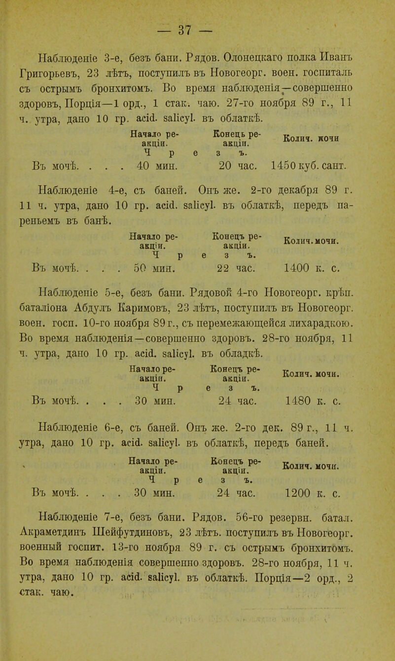 Наблюденіе 3-е, безъ бани. Рядов. Олонецкаго полка Иванъ Григорьевъ, 23 лѣтъ, поступилъ въ Новогеорг. воен. госпиталь съ острымъ бронхитомъ. Во время наблюдепія—совершенно здоровъ, Порція—1 орд., 1 стаіс. чаю. 27-го ноября 89 г., 11 ч. утра, дано 10 гр. асісі. заіісуі. въ облаткѣ. Начало ре- Конець ре- і^^^,,, „^^ц акцііі. акціп. Ч р ѳ 3 ъ. Въ мочѣ. ... 40 мин. 20 час. 1450 куб. сайт. Наблюденіе 4-е, съ баней. Онъ же. 2-го декабря 89 г. 11 ч. утра, дано 10 гр. асій. заіісуі. въ облаткѣ, передъ па- реньемъ въ банѣ. Начало ре- Конецъ ре- колнч.мочн. акціи. акцін. Ч р е 3 ъ. Въ мочѣ. ... 50 мин. 22 час. 1400 к. с. Наблюденіе 5-е, безъ бани. Рядовой 4-го Новогеорг. крѣп. баталіона Абдулъ Каримовъ, 23 лѣтъ, постунилъ въ Новогеорг. воен. госп. 10-го ноября 89 г., съ перемежающейся лихарадкою. Во время наблюдения—совершенно здоровъ. 28-го ноября, 11 ч. утра, дано 10 гр. асШ. заіісуі. въ обладкѣ. Начало ре- Конецъ ре- Колич. мочи, акциі. акцш. хь^-лич. -«іы. Ч р е 3 ъ. Въ мочѣ. . . . 30 мин. 24 час. 1480 к. с. Наблюденіе 6-е, съ баней. Онъ же. 2-го дек. 89 г., 11 ч. утра, дано 10 гр. асій. заіісуі. въ облаткѣ, передъ баней. Начало ре- Конецъ ре- Колич. мочи. аКЩП. акцш. «.«ли-., жиш. Ч р е 3 ъ. Въ мочѣ. ... 30 мин. 24 час. 1200 к. с. Наблюденіе 7-е, безъ бани. Рядов. 56-го резервн. батал. Акраметдинъ Шейфутдиновъ, 23 лѣтъ. поступилъ въ Новогеорг. военный госпит. 13-го ноября 89 г. съ острымъ бронхитомъ. Во время наблюденія совершенно здоровъ. 28-го ноября, И ч. утра, дано 10 гр. асШ. ваііеуі. въ облаткѣ. Порція—2 орд., 2 стак. чаю.