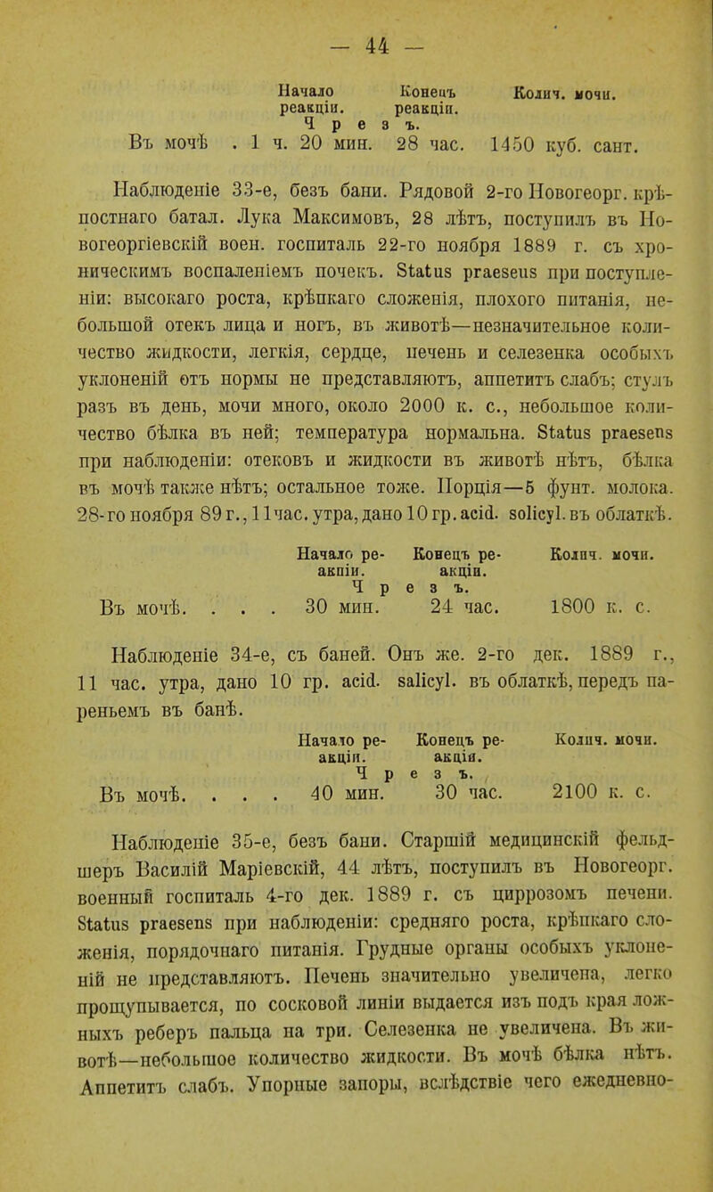 Начало Конецъ Колич. мочц. реакціа. реакцііі. р е 3 ъ. Въ мочѣ . 1 ч. 20 мин. 28 час. 1450 куб. сант. Наблюдете 33-е, безъ бани. Рядовой 2-го Новогеорг. крѣ- постнаго батал. Лука Максимовъ, 28 лѣтъ, поступилъ въ Но- вогеоргіевскій воен. госпиталь 22-го ноября 1889 г. съ хро- ническимъ воспаленіемъ почокъ. Зіаіиз ргаезеив при поступле- ніи: высокаго роста, крѣпкаго сложенія, плохого питанія, не- большой отекъ лица и ногъ, въ лсивотѣ—незначительное коли- чество лсидкости, легкія, сердце, печень и селезенка особыхъ уклоненій ѳтъ нормы не представляютъ, аппетитъ слабъ; стулъ разъ въ день, мочи много, около 2000 к. с, небольшое коли- чество бѣлка въ ней; температура нормальна. Зіаіиз ргаезепз при наблюденіи: отековъ и жидкости въ животѣ нѣтъ, бѣлка въ мочѣ таклсе нѣтъ; остальное тоже. ІІорція—5 фунт, молока. 28-го ноября 89 г., 1 Ічас. утра, дано 10 гр.асій. зоіісуі. въ облаткѣ. Начало ре- Конецъ ре- Колпч. мочи, акпіи. акцін. Ч р е 3 ъ. Въ мочѣ. ... 30 мин. 24 час. 1800 к. с. Наблюденіе 34-е, съ баней. Онъ же. 2-го дек. 1889 г., 11 час. утра, дано 10 гр. асИ. заіісуі. въ облаткѣ, передъ па- реньемъ въ банѣ. Начало ре- Конецъ ре- Колич. мочи, акціи. акціа. Ч р е 3 ъ. , Въ мочѣ. ... 40 МИН. 30 час. 2100 к. с. Наблюдете 35-е, безъ бани. Старшій медицинскій фельд- шеръ Василій Маріевскій, 44 лѣтъ, поступилъ въ Новогеорг. военный госпиталь 4-го дек. 1889 г. съ циррозомъ печени. Зіаіиз ргаезепз при наблюденіи: средняго роста, крѣпкаго сло- женія, порядочнаго питанія. Грудные органы особыхъ уклопе- ній не представляютъ. Печень значительно увеличена, легко прощупывается, по сосковой линіи выдается изъ подъ края лож- ныхъ реберъ пальца на три. Селезенка не увеличена. Въ жи- вотѣ—небольшое количество жидкости. Въ мочѣ бѣліса нѣтъ. Аппетитъ слабъ. Упорпые запоры, вслѣдствіе чего ежедневно-