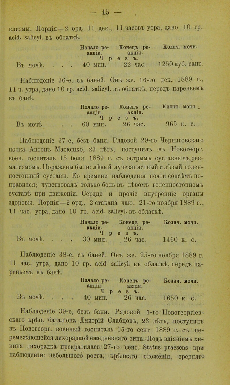 клизмы. Порція—2 орд. 11 дек., 11 часовъ утра, дано 10 гр. асій. заіісуі. въ облаткѣ. Начало ре- Конецъ ре- Колич. мочи, акпіи. акціи. Чрез ъ* Въ мочѣ. . . . 40 мин. 22 час. 1250 куб. сайт. Наблюденіе 36-е, съ баней. Онъ лее. 16-го дек. 1889 г., 11 ч. утра, дано 10 гр. асісі. заіісуі. въ облаткѣ, передъ пареньемъ въ баыѣ. Начало ре- Конецъ ре- Колич. мочи . акціп. акцін. Ч р е 3 ъ. Въ мочѣ. ... 60 мин. 26 час. 965 к. с. Наблюденіе 37-е, безъ бани. Рядовой 29-го Черниговскаго полка Антонъ Матюшко, 23 лѣтъ, поступилъ въ Новогеорг. воен. госпиталь 15 іюля 1889 г. съ острымъ суставнымърев- матизмомъ. Поражены были: лѣвый лучезапястный и лѣвый голен- ностонный суставы. Ко времени набліоденія почти совсѣмъ по- правился; чувствовалъ только боль въ лѣвомъ голенностопномъ суставѣ при двилсеніи. Сердце и прочіе внутренніе органы здоровы. Порція—2 орд., 2 стакана чаю. 21-го ноября 1889 г., II час. утра, дано 10 гр. асій. заіісуі. въ облаткѣ. Начало ре- Конецъ ре- Колич. мочи, акціп. акціп. Ч р е 3 ъ. Въ мочѣ. ... 30 мин. 26 час. 1460 к. с. ІІаблюденіе 38-е, съ баней. Онъ же. 25-го ноября 1889 г. 11 час. утра, дано 10 гр. асій. заіісуі. въ облаткѣ, передъ па- реньемъ въ банѣ. Начало ре- Конецъ ре- Колач. ночи, акцін. акціи. Ч р е 3 ъ. Въ мочѣ. ... 40 мин. 26 час. 1650 к. с. Наблюденіе 39-е, безъ бани. Рядовой 1-го Иовогеоргіев- скаго крѣп. баталіона Диитрій Слабцовъ, 23 лѣтъ, поступилъ въ Новогеорг. военный госпиталь 15-го сент 1889 г. съ пе- ремелгающейся лихорадкой ежедневнзго типа. Подъ вліяніемъ хи- нина лихорадка прекратилась 27-го сент. 8іаіиз ргаезепз при наблюденіи: небольшого роста, крѣпкаго слолсенія, средпяго