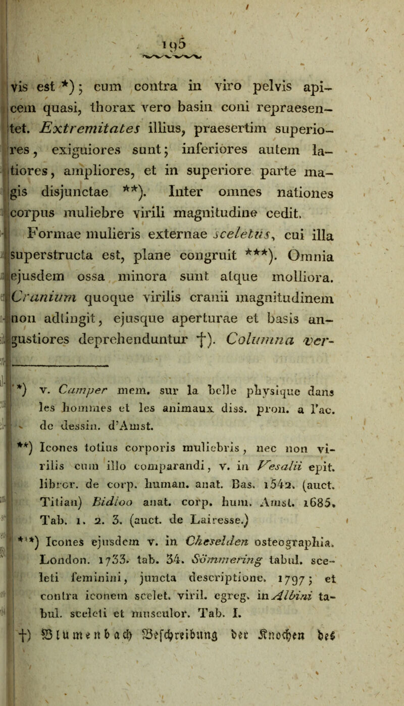 vis est *); cum contra in viro pelvis api- cem quasi, thorax vero basin coni repraesen- tet. Extremitates illius, praesertim superio- res , exiguiores sunt; inferiores autem la- tiores, ampliores, et in superiore parte ma- gis disjunctae **). Inter omnes nationes corpus muliebre virili magnitudine cedit. -i Formae mulieris externae sceletus, cui illa superstructa est, plane congruit ***). Omnia Jejusdem ossa minora sunt alque molliora. mCranium quoque virilis cranii magnitudinem non adtingit, ejusque aperturae et basis an- Jgustiores deprehenduntur *f). Columna ver- **) v. Camper mem. sur la belle physlquc dans les homines et les animaux diss. pron. a Tac. :| v dc dessin. cTAmst. 1 **) Icones totius corporis muliebris , nec non vi- rilis cum illo comparandi, v. in Vesalii epit. librer, cie corp» liunian. anat. Bas» i542» (auct. Titian) Bidloo anat. corp. hum. Amst. i685. Tab. i. 2. 3. (auct. de Lairesse.) ***) Icones ejusdem v. in Cheselden osteographia. London. 1733* tab. 34. Sommering tabui, sce- leti feminini, juncta descriptione. 1797, et contra iconem scelet. viril. egreg» ix\ Albini ta- bui. sceleti et musculor. Tab. I. f) §5 IU nu rt f> ad) S^fcbm&itng j?nod)en be$