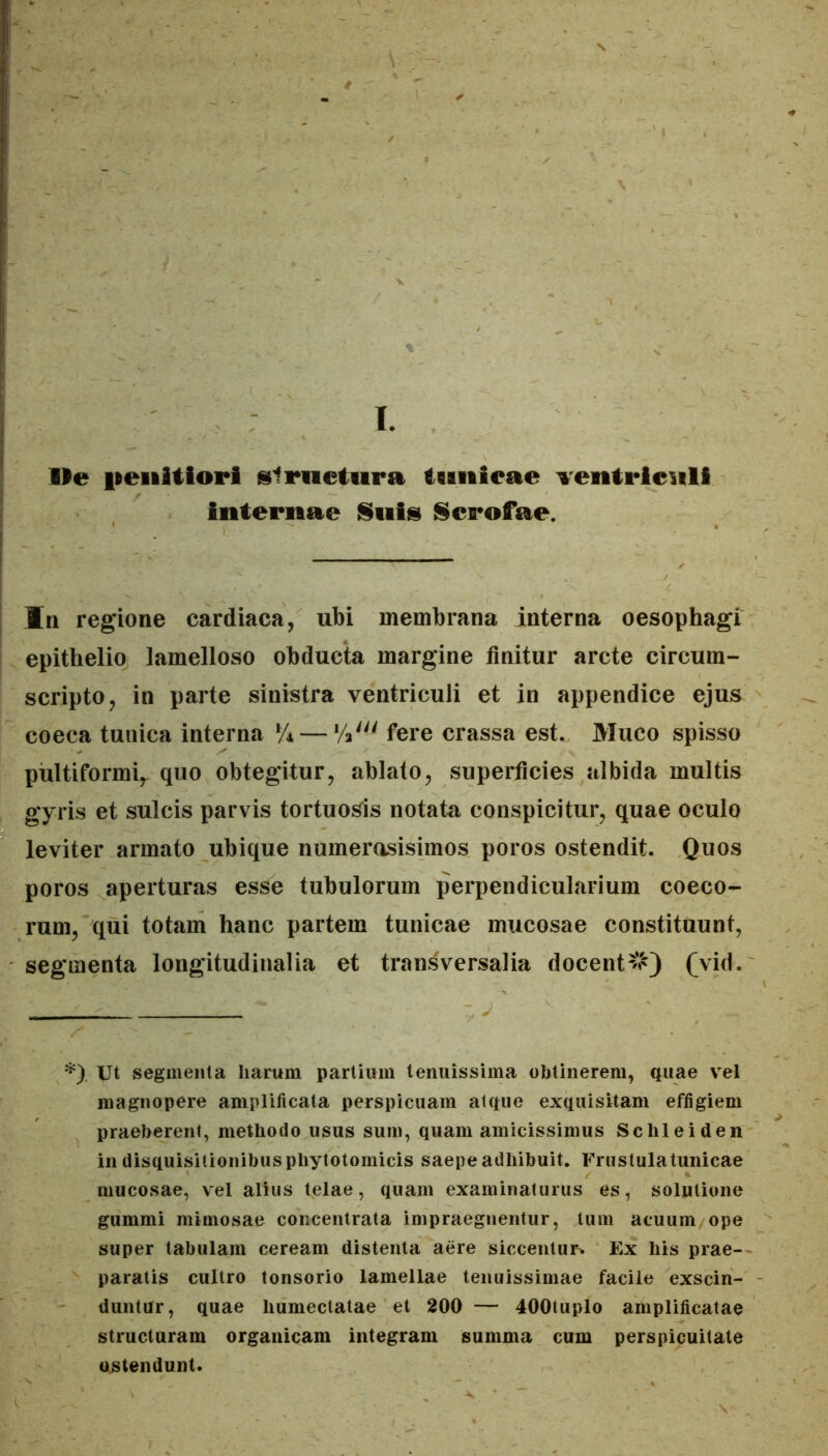 I. ]le iieiiltiori slriictiira tainieae Tentrieiilf internae Scrofae. In regione cardiaca, ubi membrana interna oesophagi epithelio lamelloso obducta margine finitur arcte circum- scripto, in parte sinistra ventriculi et in appendice ejus coeca tunica interna V4 — 'A' fere crassa est. Muco spisso piiltiformiy quo obtegitur, ablato, superficies albida multis gyris et sulcis parvis tortuosis notata conspicitur, quae oculo leviter armato ubique numerosisimos poros ostendit. Quos poros aperturas esse tubulorum perpendicularium cocco- rum, qui totam hanc partem tunicae mucosae constituunt, segmenta longitudinalia et trans^versalia docent#) (vid. *), XJt segmenta harum partium tenuissima obtinerem, quae vel magnopere amplificata perspicuam atque exquisitam effigiem praeberent, methodo usus sum, quam amicissimus Schleiden in disquisitionibus phytotomicis saepe adhibuit. Frustula tunicae mucosae, vel alius telae, quam examinaturus es, solutione gummi mimosae concentrata impraegnentur, tum acuum, ope super tabulam ceream distenta aere siccentup. Ex his prae- paratis cultro tonsorio lamellae tenuissimae facile exscin- duntur, quae humectatae et 200 — 400tuplo amplificatae structuram organicam integram summa cum perspicuitate ostendunt.