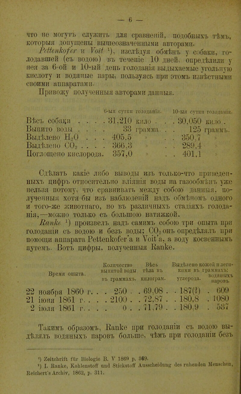 что не могутъ служить для сравненій, подобныхъ тѣмъ, которыя допущены вышеозначенными авторами. ВеШпЩег и Тоіі ^), изслѣдуя обмѣнъ у собаии, го- лодавшей (съ водою) въ теченіе 10 дней, опредѣлили у иен за 6-ой и 10-ый день голоданія выдыхаемые угольную кислоту и водяные пары, пользуясь при этомъ извѣстными своими аппаратами- Приволсу полученныя авторами данныя. іі-ыя сутки ш.шдааіл. 10-ыл сутки голодаиін. Вѣсъ собаіѵи . . . • 81.210 кило . . . 30.050 ки.іо . Выпито воды .... 33 грамма. , . 125 граммъ. Выдѣлено НоО . . . 405.5 . . 350,7 Выдѣлено СОз . . . . 366,3 > . . 289.4 Поглощено кислорода. 357,0 > . . 401,1 Сдѣлать какіе либо выводы изъ только-что прикеден- ныхъ цифръ относительно вліянія воды на газообзгізнъ уже нельзя потому, что сравнивать между собою данныя. по- лученныя хотя-бы изъ наблюденій надъ обмѣномъ одного и того-же ;кивотнаго, но въ различныхъ стадіяхъ голода- нія,—можно только съ большою натяжкой. Яапке О произвелъ надъ самимъ собою три опыта при голоданіи съ водою и безъ воды; СОо онъ опредѣлялъ при помощи аппарата РеиепкоГег'а и Ѵоі1і'а, а воду косвеннымъ путемъ. Вотъ цифры, полученныя Капке. Количество Вѣсь Выдѣлсно кожей и лепі- т, выіііітоГгводы тѣла въ кіімп въ грамлахъ: Время оиыта. ^ водяиыхъ въ граииах'ь. кплограм. углерода. паровъ. 22 ноября 1860 г. . . 250 . . 69,08 . • 187(0 • 609 21 іюня 1861 г. . . . 2100 . . 72.87 . . 180.8 . 1080 2 іюля 1861 г. . . . О . . 71,79 . . 180,9 . 537 Такимъ образомъ, Капке при голоданіи съ водою вы- дѣлялъ водяныхъ паровъ больше, чѣмъ при голоданіи безъ <) гѳіксЬгіГѣ тг Віоіоёіе В. V 1869 р. 369. I. Каике, КоЫепзѣоіІГ тиі ЗііскзЬоЯР АиззсЬеісІииь' (Іез гпііетіеп Мепзсііеп, Кеіс1іеП'з Лгсіііѵ, 18С2, р. 311.