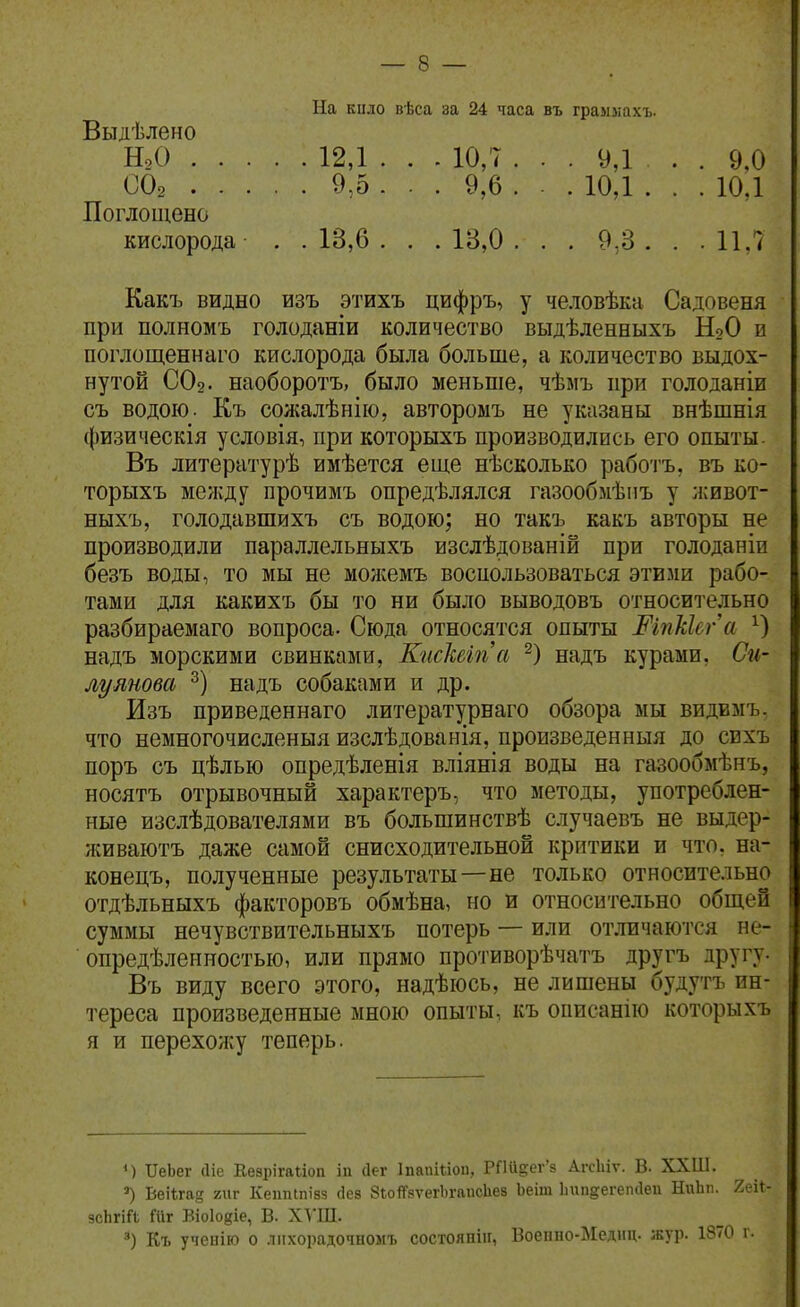 На кило вѣса за 24 часа въ граммахъ. Выдѣлено Н2О 12,1 . . . 10,7 ... 9,1 .. 9,0 СО2 9,5 ... 9,6 . . . 10,1 . . . 10,1 Поглощено кислорода . . 13,6 . . . 13,0 . . . 9,3 . . . ИЛ Какъ видно изъ этихъ цифръ, у человѣка Садовеня при полномъ голоданіи количество выдѣленныхъ Н2О и поглощеннаго кислорода была больше, а количество выдох- нутой СО2. наоборотъ, было меньше, чѣмъ при голоданіи съ водою. Къ сожалѣнію, авторомъ не указаны внѣшнія физическія условія, при которыхъ производились его опыты. Въ литературѣ имѣется еще нѣсколько работъ, въ ко- торыхъ между прочимъ опредѣлялся газообмѣпъ у живот- ныхъ, голодавшихъ съ водою; но такъ какъ авторы не производили параллельныхъ изслѣдованій при голоданіи безъ воды, то мы не молгемъ воспользоваться этими рабо- тами для какихъ бы то ни было выводовъ относительно разбираемаго вопроса. Сюда относятся опыты Мпккг'а надъ морскими свинками, Кисѣіпа ^) надъ курами, Си- лу ятва надъ собаками и др. Изъ приведеннаго литературнаго обзора мы видвмъ, что немногочисленыя изслѣдованія, произведенныя до свхъ поръ съ цѣлью опредѣленія вліянія воды на газообмѣнъ, носятъ отрывочный характеръ, что методы, употреблен- ные изслѣдователями въ большинствѣ случаевъ не выдер- живаютъ даже самой снисходительной критики и что. на- конецъ, полученные результаты—не только относительно отдѣльныхъ факторовъ обмѣна, но и относительно общей суммы нечувствительныхъ потерь — или отличаются не- ■ опредѣлеиностыо, или прямо противорѣчатъ другъ другу. Въ виду всего этого, надѣюсь, не лишены будутъ ин- тереса произведенные мною опыты, къ описанію которыхъ я и перехожу теперь. <) ІІеЬег сИе Еезрігагіоп іи сіег ІпаиШои, РГШд;ег'з АгсЬіѵ. В. ХХШ. ') Веііігаг гиг Кеппшізз йев ЗіоІГзѵегЬгапсІіез Ьеіт Ьип^егепйеп НиЬп. 2еіі- 9СІ1ГІГІ Шг Віоіогіе, В. Х^'Ш. 3) Къ учеиію о лііхорадочпоыъ состояпііг, Воепно-Меднц. жур. 1870 г.