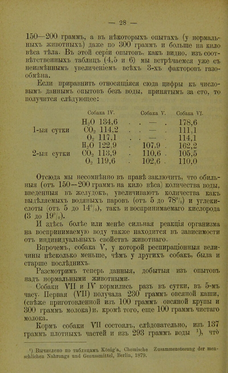 150—200 граммъ, а въ нѣкоторыхъ опытахъ (у нормаль- ныхъ лшвотиыхъ) далее по 300 граммъ и больше на кило вѣса тѣла. Въ этой серіи опытовъ, какъ видно, изъсоот- вѣтственныхъ таблицъ (4,5 и 6) мы встрѣчаемся ул;е съ неиумѣннымъ увеличеніемъ всѣхъ 3-хъ факторовъ газо- обмѣна. Если приравнить относяіціяся сюда цифры къ число- выыъ даннымъ опытовъ безъ воды, принятымъ за сто, то получится слѣдуіощее: Собака ІУ. Собака У. Собака УІ. НзО 134,6 . . — . 178,6 1- ыя сутки СОз 114,2 . . — . 111.1 02 117,1 . . - . 114,1 Н2О 122,9 . 107,9 . 162,2 2- ыя сутки СО2 113,9 . 110,6 . 105,5 О2 119,6 . 102,6 . 110,0 Отсюда мы несомнѣнно въ правѣ заключить, что обиль- ныя (отъ 150—200 граммъ на кило вѣса) количества воды, введенныя въ ліелудокъ, увеличиваютъ количества какъ выдѣляемыхъ водяныхъ паровъ (отъ 5 до 78%) и углеки- слоты (отъ 5 до 14°/о), такъ и воспринимаемаго кислорода (3 до 19«/о}. И здѣсь болѣе или менѣе сильная реакція организма на воспринимаемую воду таклее находится въ зависимости отъ индивидуальныхъ свойствъ животнаго. Впрочемъ, собака У, у которой респираціонныя вели- чины нѣсколько меньше, чѣмъ у другихъ собакъ, была и старше послѣднихъ. Разсмотримъ теперь данныя, добытыя изъ опытовъ надъ нормальными животными. Собаки УІІ и ІУ кормились разъ въ сутки, въ 5-мъ часу. Первая (УН) получала 230 граммъ овсяной каши, (свѣлш приготовленной изъ 100 граммъ овсяной крупы и 300 граммъ молока) и, кромѣтого, еще 100 граммъ чистаго молока. Кормъ собаки УІІ состоялъ, слѣдовательно, изъ 137 граммъ плотныхъ частей и изъ 293 граммъ воды чтЬ ') Вычислено по таблііцамъ Кбпі§'а, СЬешізеЬѳ гизаттепзіешпд Дег теп- зсЫісІіеіі КаЬгипдз ип(1 бепиззтіііеі, Вегііп, 1879.