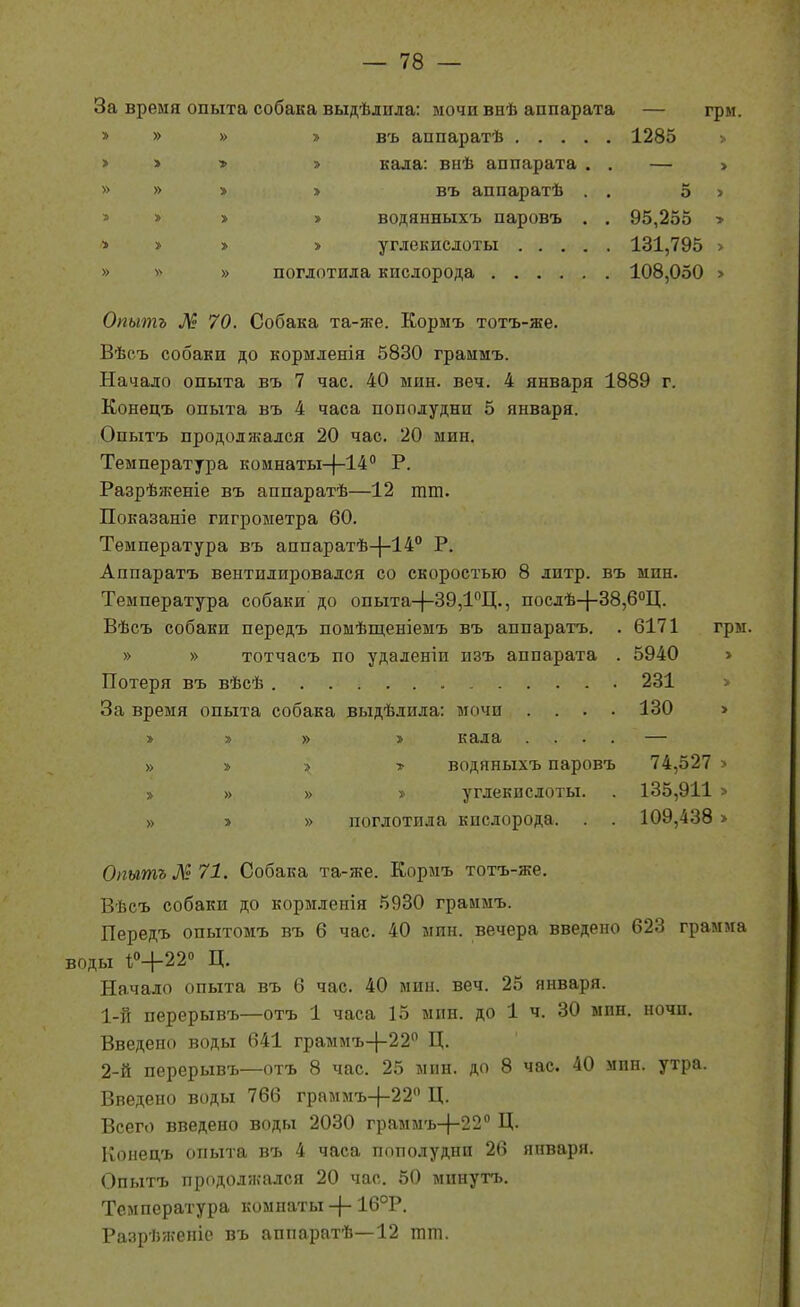 — те- за время опыта собака выдѣдила: мочи внѣ аппарата — грм. » » » » въ аппаратѣ 1285 > > > » » кала: внѣ аппарата . . — > » » » > въ аппаратѣ . . 5 > > » > » водянныхъ паровъ . . 95,255 > > > » > углекислоты 131,795 > » ^> » поглотила кислорода 108,050 > Опытъ Ж; 70. Собака та-же. Кормъ тотъ-же. Вѣоъ собаки до кормленія 5830 граимъ. Начало опыта въ 7 час. 40 мин. веч. 4 января 1889 г. Конедъ опыта въ 4 часа пополудни 5 января. Опытъ продолжался 20 час. 20 мин. Температура комнаты-|-14'' Р. Разрѣженіе въ аппаратѣ—12 тт. Показаніе гигрометра 60. Температура въ аппаратѣ-|-14° Р. Аппаратъ вентилировался со скоростью 8 литр, въ мин. Температура собаки до опыта-(-39,1Ц., послѣ-{-38,6°Ц. Вѣсъ собаки передъ помѣщеніемъ въ аппаратъ. . 6171 грм. » » тотчасъ по удаленіи изъ аппарата . 5940 > Потеря въ вѣсѣ 231 > За время опыта собака выдѣлила: мочи .... 130 > » » » » кала .... — » » 3 -у водяныхъ паровъ 74,527 > » » « » углекислоты. . 135,911 > » > » поглотила кислорода. . . 109,438 > Опытъ М 71. Собака та-же. Кормъ тотъ-же. Вѣсъ собаки до кормленія 5930 граимъ. Передъ опытомъ въ 6 час. 40 мин. вечера введено 623 грамма воды 1;<'+22'> Ц. Начало опыта въ 6 час. 40 мин. веч. 25 января. 1- іі перерывъ—отъ 1 часа 15 мпн. до 1 ч. 30 мпн. ночп. Введено воды 641 граммъ-|-22 Ц. 2- й перерывъ—отъ 8 час. 25 мпн. до 8 час. 40 мпн. утра. Введено воды 766 граммъ-)-22 Ц. Всего введено воды 2030 граммъ-|-22'' Ц. Конедъ опыта въ 4 часа пополудни 26 января. Опытъ прпдоляаілся 20 час. 50 мпнутъ. Температура комнаты-|-16°Р. Разрѣженіе въ аппаратѣ—12 гат.