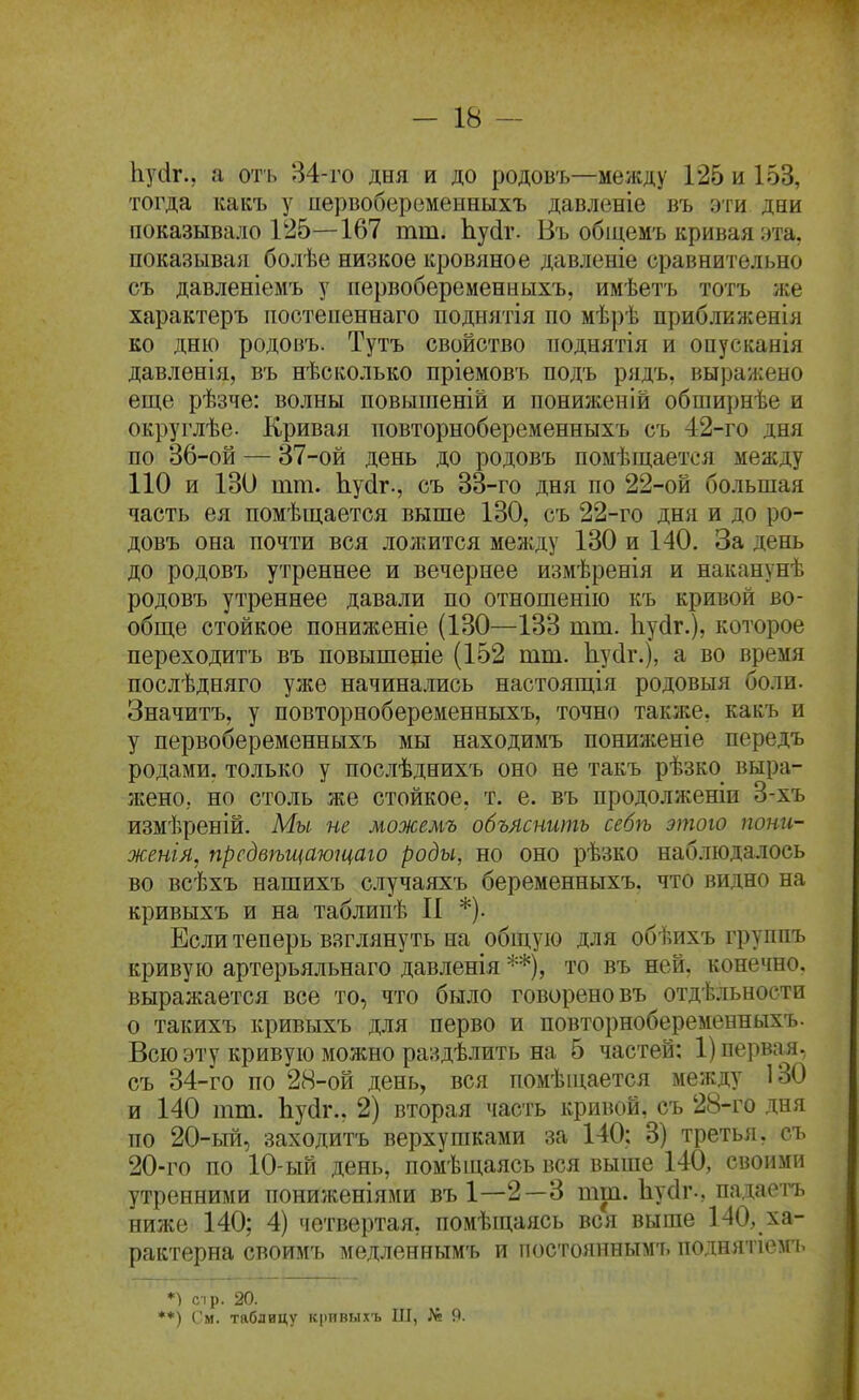 Ьусіг., а оть 84-го дня и до родов'ь—между 125 и 153, тогда какъ у первоберемеыныхъ давленіе въ эти дви показывало 125—167 тт. Ьуйг. Въ общемъ кривая эта, показывая болѣе низкое кровяное давленіе сравнительно съ давленіемъ у первоберемеыныхъ, имѣетъ тотъ же характеръ постепеннаго поднятія по мѣрѣ приближенія ко дню родовъ. Тутъ свойство поднятія и опусканія давленія, въ нѣсколько пріемовъ подъ рядъ, выражено еще рѣзче: волны повыіпеній и пониженій обширнѣе и округлѣе. Кривая повторнобеременныхъ съ 42-го дня по 36-ой — 37-ой день до родовъ помѣщается между 110 и 130 тт. Ьуйг., съ 33-го дня по 22-ой большая часть ея помѣщается выше 130, съ 22-го дня и до ро- довъ она почти вся ложится между 130 и 140. За день до родовъ утреннее и вечернее измѣренія и наканунѣ родовъ утреннее давали по отношенііо къ кривой во- обще стойкое пониженіе (130—133 тт. Ііусіг.), которое переходитъ въ повышеніе (152 тт. Ьусіг.), а во время послѣдняго уже начинались настоящія родовыя боли. Значитъ, у повторнобеременныхъ, точно также, какъ и у первобеременныхъ мы находимъ пониженіе передъ родами, только у послѣднихъ оно не такъ рѣзко выра- жено, но столь же стойкое, т. е. въ продолженіи 3-хъ измѣреній. Мы не можемъ объяснить себѣ этою пони- женія, прсдвѣщающаіо роды, но оно рѣзко наблюдалось во всѣхъ нашихъ случаяхъ беременныхъ. что видно на кривыхъ и на таблипѣ П *). Если теперь взглянуть на общую для обѣихъ группъ кривую артерьяльнаго давленія **), то въ ней, конечно, выражается все то, что было говореновъ отдѣльности о такихъ кривыхъ для перво и повторнобеременныхъ. Всю эту кривую можно раздѣлить на 5 частей: 1) первая, съ 34-го по 28-ой день, вся помѣп;ается между 130 и 140 тт. Ьуйг.. 2) вторая часть кривой, съ 28-го дня по 20-ый, заходитъ верхушками за 140; 3) третья, съ 20-го по 10-ый день, помѣщаясь вся выше 140, своими утренними пониженіями въі-—2—3 тт. Ьусіг-, падаеіТ) ниже 140; 4) четвертая, помѣщаясь вся выше 140, ха- рактерна своймъ медленнымъ и постояннымъ поднятіем'ь *) стр. 20. **) См. таблецу ісрпвыхъ Ш, Лі 9.