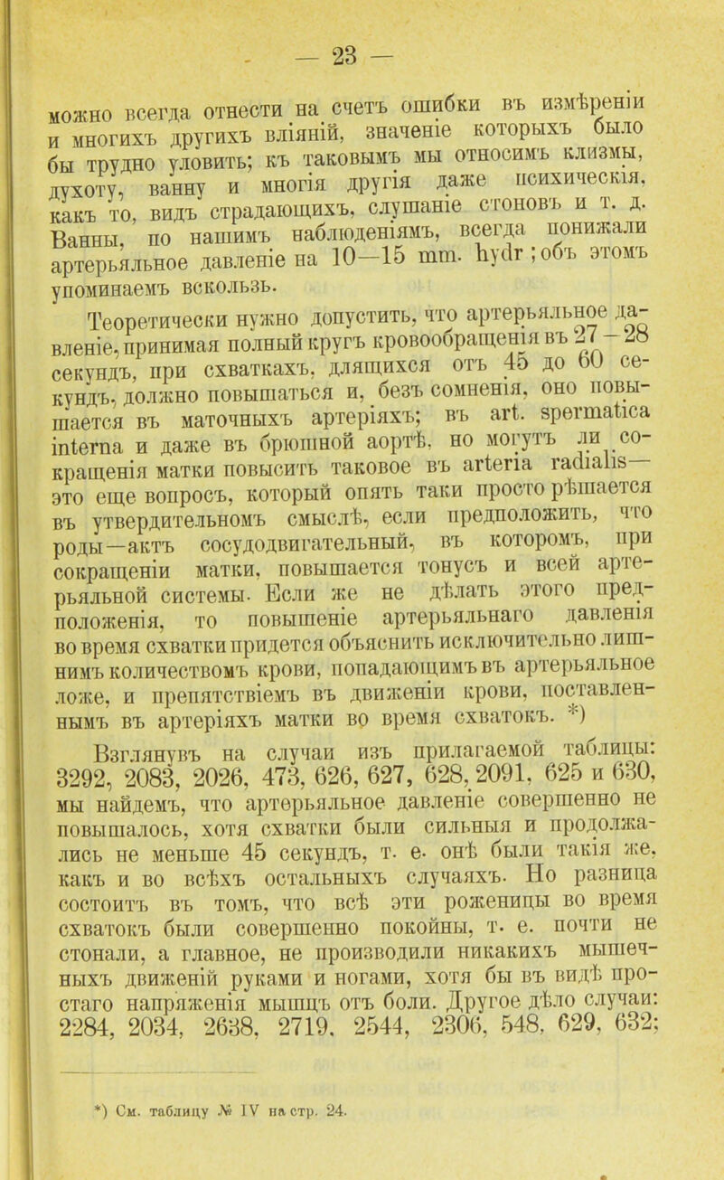 можно всегда отнести на счетъ ошибки въ измѣреніи и многихъ другйхъ вліяній, значеніе которыхъ было бы трудно уловить; къ таковымъ мы относимъ клизмы, духоту, ванну и многія другія даже нсихическія, какъ то, видъ страдающихъ, слушаніе стоновъ и т. д. Ванны по нашимъ наблюденіямъ, всегда понижали артерьяльное давленіе на 10-15 тт. Ъусіпобъ этомъ упоминаемъ вскользь. Теоретически нѵжно допустить, что артерьяльное да- вленіе, принимая полный кругъ кровообращешя въ І7 -^Ь секундъ, при схваткахъ, длящихся отъ 45 до ЬУ се- кундъ. должно повышаться и, безъ сомненія, оно повы- шается въ маточныхъ артеріяхъ; въ агі. зрѳгтакса іпіегпа и даже въ брюшной аортѣ. но могутъ ли со- кращенія матки повысить таковое въ агіепа гасііаііз это еще вопросъ, который опять таки просто рѣшается въ утвердительномъ смыслѣ, если предположить, что роды—актъ сосу до двигательный, въ которомъ, при сокращеніи матки, повышается тонусъ и всей арте- рьяльной системы. Если же не дѣлать этого пред- положенія, то повышеніе артерьяльнаго давленія во время схватки придется объяснить исключительно лиш- нимъ количествомъ крови, попадающимъ въ артерьяльное ложе, и препятствіемъ въ движеніи крови, поставлен- нымъ въ артеріяхъ матки во время схватокъ. Взглянувъ на случаи изъ прилагаемой таблицы: 3292, 2083, 2026, 478, 626, 627, 628, 2091, 625 и 630, мы найдемъ, что артерьяльное давленіе совершенно не повышалось, хотя схватки были сильныя и продо.іжа- лись не меньше 45 секундъ, т. е- онѣ были такія же, какъ и во всѣхъ остальныхъ случаяхъ. Но разница состоитъ въ томъ, что всѣ эти роженицы во время схватокъ были совершенно покойны, т. е. почти не стонали, а главное, не производили никакихъ мышеч- ныхъ движеній руками и ногами, хотя бы въ видѣ про- стаго напряженія мышцъ отъ боли. Другое дѣло случаи: 2284, 2034, 2688, 2719, 2544, 2306, 548, 629, 632;