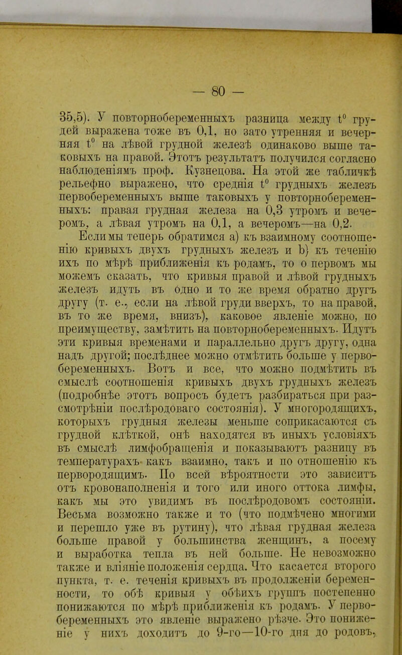 35,5). У повторнобеременныхъ разница между 1;° гру- дей выра}кена толсе въ 0,1, но зато утренняя и вечер- няя Г на лѣвой грудной железѣ одинаково выше та- ковыхъ на правой. Этотъ результатъ получился согласно наблюденіямъ проф. Кузнецова. На этой же табличкѣ рельефно выражено, что среднія і° грудныхъ железъ первобеременныхъ выше таковыхъ у повторноберемен- ныхъ: правая грудная железа на 0,3 утромъ и вече- ромъ, а лѣвая утромъ на 0,1, а вечеромъ—на 0,2. Если мы теперь обратимся а) къ взаимному соотноше- нію кривыхъ двухъ грудныхъ железъ и Ъ) къ теченію ихъ по мѣрѣ приближенія къ родамъ, то о первомъ мы можемъ сказать, что кривыя правой и лѣвой грудныхъ железъ идуть въ одно и то же время обратно другъ другу (т. е., если на .іѣвой груди вверхъ, то на правой, въ то же время, внизъ), каковое явленіе можно, по преимуш;еству, замѣтить на повторнобеременныхъ. Идутъ эти кривыя временами и параллельно другъ другу, одна надъ другой; посііѣднее можно отмѣтить больше у перво- беременныхъ. Вотъ и все, что можно подмѣтить въ смыслѣ соотношенія кривыхъ двухъ грудныхъ железъ (подробнѣе этотъ вопросъ будетъ разбираться при раз- смотрѣніи послѣродоваго состоянія). У многородящихъ, которыхъ грудныя Лгвлезы меньше соприкасаются съ грудной клѣткой, онѣ находятся въ иныхъ условіяхъ въ смыслѣ лимфобращенія и показываютъ разницу въ температурахъ- какъ взаимно, такъ и по отношенію къ первородящимъ. По всей вѣроятности это зависитъ отъ кровонапо.шенія и того шли иного оттока лимфы, какъ мы это увидимъ въ послѣродовомъ состояніи. Весьма возможно также и то (что подмѣчено многиіш и перешло уже въ рутину), что лѣвая грудная железа больше правой у бо.іьшинства лчснщинъ, а посему и выработка теп.іа въ ней больше- Не невозмолшо такліе и вліяніеположенія сердца. Что касается второго пункта, т. е. теченія кривыхъ въ продо.іженіи беремен- ности, то обѣ кривыя у обѣихъ группъ постепенно понижаются по мѣрѣ приближенія къ родамъ. У перво- беременныхъ это явленіе вырал^ено рѣзче. Это пониже- ніе у нихъ доходитъ до 9-го—10-го дня до родовъ,