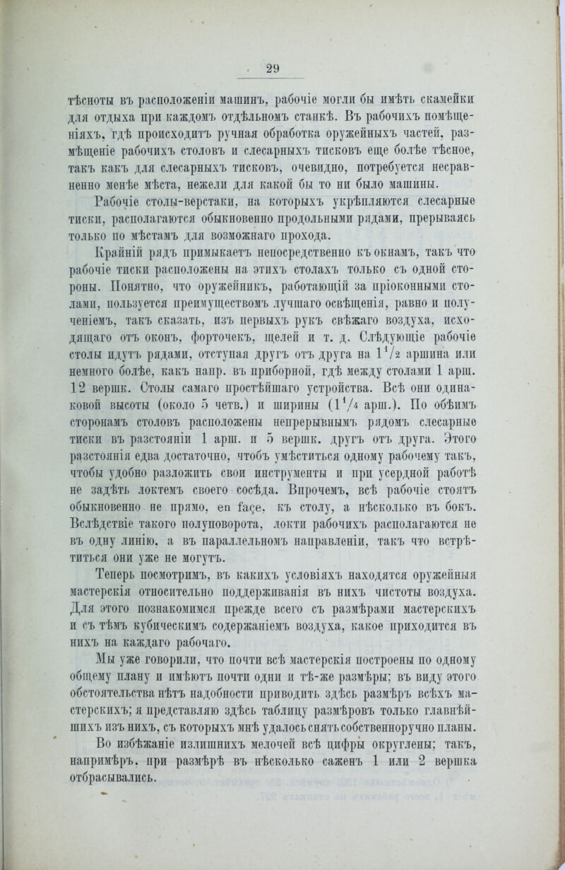 тѣсноты въ расположеніи машинъ, рабочіе могли бы имѣть скамейки для отдыха при каждомъ отдѣльномъ станкѣ. Въ рабочихъ помѣще- ніяхъ, гдѣ происходитъ ручная обработка оружейныхъ частей, раз- мѣщеніе рабочихъ столовъ и слесарныхъ тисковъ еще болѣе тѣсное, такъ какъ для слесарныхъ тисковъ, очевидно, потребуется несрав- ненно менѣе мѣста, нежели для какой бы то ни было машины. Рабочіе столы-верстаки, на которыхъ укрѣпляются слесарные тиски, располагаются обыкновенно продольными рядами, прерываясь только по мѣстамъ для возможнаго прохода. Крайній рядъ примыкаетъ непосредственно къ окнамъ, такъ что рабочіе тиски расположены на этихъ столахъ только съ одной сто- роны. Понятно, что оружейникъ, работающій за пріоконными сто- лами, пользуется преимуществомъ лучшаго освѣщенія, равно и полу- ченіемъ, такъ сказать, изъ первыхъ рукъ свѣжаго воздуха, исхо- дящаго отъ оконъ, форточекъ, щелей и т. д. Слѣдующіе рабочіе столы идутъ рядами, отступая другъ отъ друга на іѴг аршина или немного болѣе, какъ напр. въ приборной, гдѣ между столами 1 арш. 12 вершк. Столы самаго простѣйшаго устройства. Всѣ они одина- ковой высоты (около 5 четв.) и ширины (I1/4 арш.). По обѣимъ сторонамъ столовъ расположены непрерывнымъ рядомъ слесарные тиски въ разстояніи 1 арш. и 5 вершк. другъ отъ друга. Этого разстоянія едва достаточно, чтобъ умѣститься одному рабочему такъ, чтобы удобно разложить свои инструменты и при усердной работѣ не задѣть локтемъ своего сосѣда. Впрочемъ, всѣ рабочіе стоятъ обыкновенно не прямо, еп Іаде, къ столу, а нѣсколько въ бокъ. Вслѣдствіе такого полуповорота, локти рабочихъ располагаются не въ одну линію, а въ параллельномъ направленіи, такъ что встрѣ- титься они уже не могутъ. Теперь посмотримъ, въ какихъ условіяхъ находятся оружейныя мастерскія относительно поддерживанія въ нихъ чистоты воздуха. Для этого познакомимся прежде всего съ размѣрами мастерскихъ и съ тѣмъ кубическимъ содержаніемъ воздуха, какое приходится въ нихъ на каждаго рабочаго. Мы уже говорили, что почти всѣ мастерскія построены по одному общему плану и имѣютъ почти одни и тѣ-же размѣры; въ виду этого обстоятельства нѣтъ надобности приводить здѣсь размѣръ всѣхъ ма- стерскихъ; я представляю здѣсь таблицу размѣровъ только главнѣй- шихъ изъ нихъ, съ которыхъ мнѣ удалось снять собственноручно планы. Во избѣжаніе излишнихъ мелочей всѣ цифры округлены; такъ, напримѣръ, при размѣрѣ въ нѣсколько саженъ 1 или 2 вершка отбрасывались.