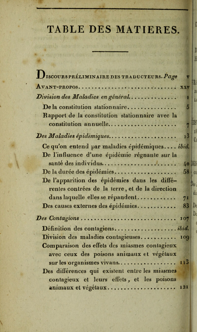 TABLE DES MATIERES I r Discours PRÉLIMINAIRE des tr aducteurs. Page v Avant-propos xxv Division des Maladies en général, i De la constitution stationnaire 5 Rapport de la constitution stationnaire avec la constitution annuelle 7 Des Maladies épidémiques i3 Ce qu'on entend par maladies épidémiques, v., ihid. De l’in fluence d'une épidémie régnante sur la santé des individus 40 De la durée des épidémies 58 De l'apparition des épidémies dans les difFé- \\ rentes contrées de la terre, et de la direction dans laquelle elles se répandent. 71 Des causes externes des épidémies 83 Des Contagions 107 Définition des contagions ibid. Division des maladies contagieuses 109 Comparaison des effets des miasmes contagieux avec ceux des poisons animaux et végétaux sur les organismes vivans ii3 Des différences qui existent entre les miasmes contagieux et leurs effets, et les poisons animaux et végétaux 121 flIS' t)ÏÏ kSL Del ■ Dei