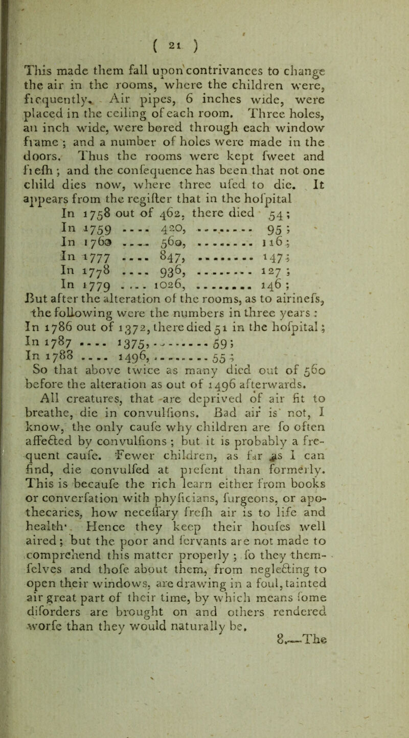 ( 2* ) Tills made them fall upon contrivances to change the air in the rooms, where the children were, frequently. Air pipes, 6 inches wide, were placed in the ceiling of each room. Three holes, ail inch wide, were bored through each window frame ; and a number of holes were made in the doors. Thus the rooms were kept fweet and fiefh ; and the confequen.ce has been that not one child dies now, where three ufed to die. It appears from the regifter that in the hofpital In 1758 out of 462, there died 54; In 1759 42°> -------- 95; In 1763 560, 116; In 1777 847> *47* In 1778 936, 127 ; In 1779 .... 1026, 146; But after the alteration ol the rooms, as to airinefs, the following were the numbers in three years : In 1786 out of 1372, there died 51 in the hofpital; In 1787 1375? - 595 In 1788 1496, 55; So that above twice as many died out of 560 before the alteration as out of 1496 afterwards. All creatures, that are deprived of air fit to breathe, die in convulfions. Bad air is' not, I know, the only caufe why children are fo often affe6led by convulfions ; but it is probably a fre- quent caufe. ‘Fewer children, as far I can find, die convulfed at prefent than formerly. This is becaufe the rich learn either from books or conversation with phyficians, furgeons, or apo- thecaries, how neceflary frefh air is to life and health* Hence they keep their houfes well aired; but the poor and fervants are not made to comprehend this matter properly ; fo they them- felves and thofe about them, from neglefiing to open their windows, are drawing in a foul, tainted air great part of their time, by which means fome diforders are brought on and others rendered worfe than they would naturally be. 8.~~The