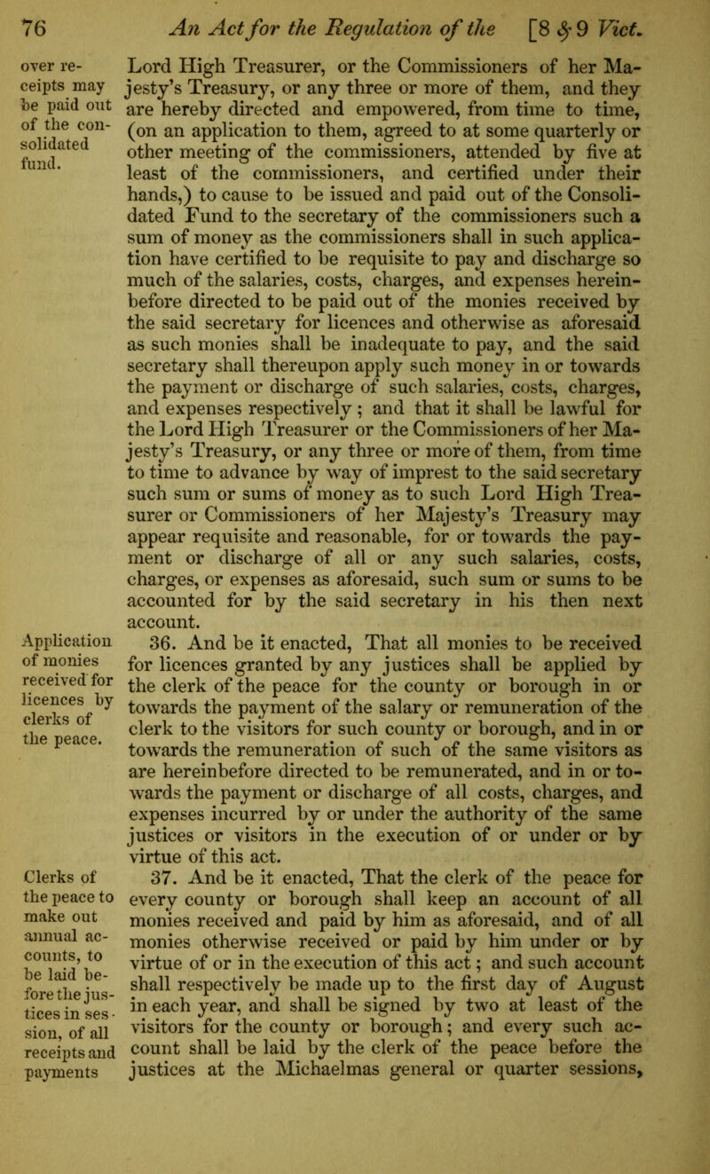 over re- ceipts may be paid out of the con- solidated fund. Application of monies received for licences by clerks of the peace. Clerks of the peace to make out annual ac- counts, to be laid be- fore the jus- tices in ses • sion, of all receipts and payments Lord High Treasurer, or the Commissioners of her Ma- jesty’s Treasury, or any three or more of them, and they are hereby directed and empowered, from time to time, (on an application to them, agreed to at some quarterly or other meeting of the commissioners, attended by five at least of the commissioners, and certified under their hands,) to cause to be issued and paid out of the Consoli- dated Fund to the secretary of the commissioners such a sum of money as the commissioners shall in such applica- tion have certified to be requisite to pay and discharge so much of the salaries, costs, charges, and expenses herein- before directed to be paid out of the monies received by the said secretary for licences and otherwise as aforesaid as such monies shall be inadequate to pay, and the said secretary shall thereupon apply such money in or towards the payment or discharge of such salaries, costs, charges, and expenses respectively; and that it shall be lawful for the Lord High Treasurer or the Commissioners of her Ma- jesty’s Treasury, or any three or more of them, from time to time to advance by way of imprest to the said secretary such sum or sums of money as to such Lord High Trea- surer or Commissioners of her Majesty’s Treasury may appear requisite and reasonable, for or towards the pay- ment or discharge of all or any such salaries, costs, charges, or expenses as aforesaid, such sum or sums to be accounted for by the said secretary in his then next account. 36. And be it enacted, That all monies to be received for licences granted by any justices shall be applied by the clerk of the peace for the county or borough in or towards the payment of the salary or remuneration of the clerk to the visitors for such county or borough, and in or towards the remuneration of such of the same visitors as are hereinbefore directed to be remunerated, and in or to- wards the payment or discharge of all costs, charges, and expenses incurred by or under the authority of the same justices or visitors in the execution of or under or by virtue of this act. 37. And be it enacted, That the clerk of the peace for every county or borough shall keep an account of all monies received and paid by him as aforesaid, and of all monies otherwise received or paid by him under or by virtue of or in the execution of this act; and such account shall respectively be made up to the first day of August in each year, and shall be signed by two at least of the visitors for the county or borough; and every such ac- count shall be laid by the clerk of the peace before the justices at the Michaelmas general or quarter sessions.