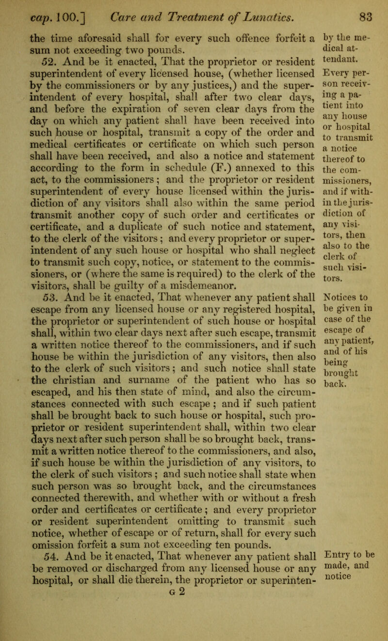 the time aforesaid shall for every such offence forfeit a sum not exceeding two pounds. 52. And be it enacted, That the proprietor or resident superintendent of every licensed house, (whether licensed by the commissioners or by any justices,) and the super- intendent of every hospital, shall after two clear days, and before the expiration of seven clear days from the day on which any patient shall have been received into such house or hospital, transmit a copy of the order and medical certificates or certificate on which such person shall have been received, and also a notice and statement according to the form in schedule (F.) annexed to this act, to the commissioners ; and the proprietor or resident superintendent of every house licensed within the juris- diction of any visitors shall also within the same period transmit another copy of such order and certificates or certificate, and a duplicate of such notice and statement, to the clerk of the visitors ; and every proprietor or super- intendent of any such house or hospital who shall neglect to transmit such copy, notice, or statement to the commis- sioners, or (where the same is required) to the clerk of the visitors, shall be guilty of a misdemeanor. 53. And be it enacted, That whenever any patient shall escape from any licensed house or any registered hospital, the proprietor or superintendent of such house or hospital shall, within twro clear days next after such escape, transmit a written notice thereof to the commissioners, and if such house be within the jurisdiction of any visitors, then also to the clerk of such visitors; and such notice shall state the Christian and surname of the patient who has so escaped, and his then state of mind, and also the circum- stances connected with such escape ; and if such patient shall be brought back to such house or hospital, such pro- prietor or resident superintendent shall, within two clear days next after such person shall he so brought back, trans- mit a written notice thereof to the commissioners, and also, if such house be within the jurisdiction of any visitors, to the clerk of such visitors ; and such notice shall state when such person was so brought back, and the circumstances connected therewith, and whether with or without a fresh order and certificates or certificate; and every proprietor or resident superintendent omitting to transmit such notice, whether of escape or of return, shall for every such omission forfeit a sum not exceeding ten pounds. 54. And be it enacted, That whenever any patient shall be removed or discharged from any licensed house or any hospital, or shall die therein, the proprietor or superinten- g 2 by the me- dical at- tendant. Every per- son receiv- ing a pa- tient into any house or hospital to transmit a notice thereof to the com- missioners, and if with- in the juris- diction of any visi- tors, then also to the clerk of such visi- tors. Notices to be given iu case of the escape of any patient, and of his being brought back. Entry to be made, and notice