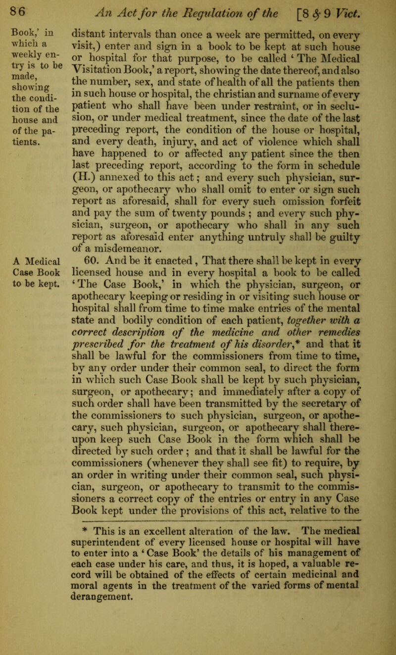 Book,’ in which a weekly en- try is to be made, showing the condi- tion of the house and of the pa- tients. A Medical Case Book to be kept. An Act for the Regulation of the [8 9 Viet. distant intervals than once a week are permitted, on every visit,) enter and sign in a book to be kept at such house or hospital for that purpose, to be called 4 The Medical Visitation Book,’ a report, showing the date thereof, and also the number, sex, and state of health of all the patients then in such house or hospital, the Christian and surname of every patient who shall have been under restraint, or in seclu- sion, or under medical treatment, since the date of the last preceding report, the condition of the house or hospital, and every death, injury, and act of violence which shall have happened to or affected any patient since the then last preceding report, according to the form in schedule (H.) annexed to this act; and every such physician, sur- geon, or apothecary who shall omit to enter or sign such report as aforesaid, shall for every such omission forfeit and pay the sum of twenty pounds ; and every such phy- sician, surgeon, or apothecary who shall in any such report as aforesaid enter anything untruly shall be guilty of a misdemeanor. 60. And be it enacted, That there shall be kept in every licensed house and in every hospital a book to be called 4 The Case Book,’ in wThich the physician, surgeon, or apothecary keeping or residing in or visiting such house or hospital shall from time to time make entries of the mental state and bodily condition of each patient, together with a correct description of the medicine and other remedies prescribed for the treatmeid of his disorder,* and that it shall be lawful for the commissioners from time to time, by any order under their common seal, to direct the form in which such Case Book shall be kept by such physician, surgeon, or apothecary; and immediately after a copy of such order shall have been transmitted by the secretary of the commissioners to such physician, surgeon, or apothe- cary, such physician, surgeon, or apothecary shall there- upon keep such Case Book in the form which shall be directed by such order ; and that it shall be lawful for the commissioners (whenever they shall see fit) to require, by an order in writing under their common seal, such physi- cian, surgeon, or apothecary to transmit to the commis- sioners a correct copy of the entries or entry in any Case Book kept under the provisions of this act, relative to the * This is an excellent alteration of the law. The medical superintendent of every licensed house or hospital will have to enter into a ‘ Case Book’ the details of his management of each case under his care, and thus, it is hoped, a valuable re- cord will be obtained of the effects of certain medicinal and moral agents in the treatment of the varied forms of mental derangement.