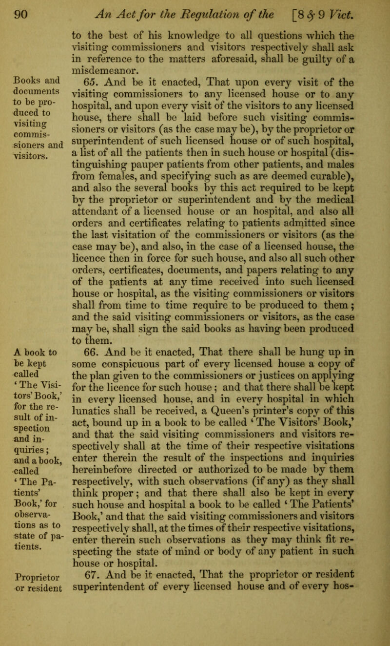 Books and documents to be pro- duced to visiting commis- sioners and visitors. A book to be kept called ‘ The Visi- tors’ Book,’ for the re- sult of in- spection and in- quiries ; and a book, called 4 The Pa- tients’ Book,’ for observa- tions as to state of pa- tients. Proprietor or resident to the best of his knowledge to all questions which the visiting commissioners and visitors respectively shall ask in reference to the matters aforesaid, shall be guilty of a misdemeanor. 65. And he it enacted, That upon every visit of the visiting commissioners to any licensed house or to any hospital, and upon every visit of the visitors to any licensed house, there shall he laid before such visiting commis- sioners or visitors (as the case may be), by the proprietor or superintendent of such licensed house or of such hospital, a list of all the patients then in such house or hospital (dis- tinguishing pauper patients from other patients, and males from females, and specifying such as are deemed curable), and also the several books by this act required to be kept by the proprietor or superintendent and by the medical attendant of a licensed house or an hospital, and also all orders and certificates relating to patients admitted since the last visitation of the commissioners or visitors (as the case may be), and also, in the case of a licensed house, the licence then in force for such house, and also all such other orders, certificates, documents, and papers relating to any of the patients at any time received into such licensed house or hospital, as the visiting commissioners or visitors shall from time to time require to be produced to them ; and the said visiting commissioners or visitors, as the case may be, shall sign the said books as having been produced to them. 66. And be it enacted, That there shall be hung up in some conspicuous part of every licensed house a copy of the plan given to the commissioners or justices on applying for the licence for such house; and that there shall be kept in every licensed house, and in every hospital in which lunatics shall be received, a Queen’s printer’s copy of this act, bound up in a book to be called 4 The Visitors’ Book,’ and that the said visiting commissioners and visitors re- spectively shall at the time of their respective visitations enter therein the result of the inspections and inquiries hereinbefore directed or authorized to be made by them respectively, with such observations (if any) as they shall think proper; and that there shall also be kept in every such house and hospital a book to be called ‘ The Patients’ Book,’ and that the said visiting commissioners and visitors respectively shall, at the times of their respective visitations, enter therein such observations as they may think fit re- specting the state of mind or body of any patient in such house or hospital. 67. And be it enacted, That the proprietor or resident superintendent of every licensed house and of every hos-