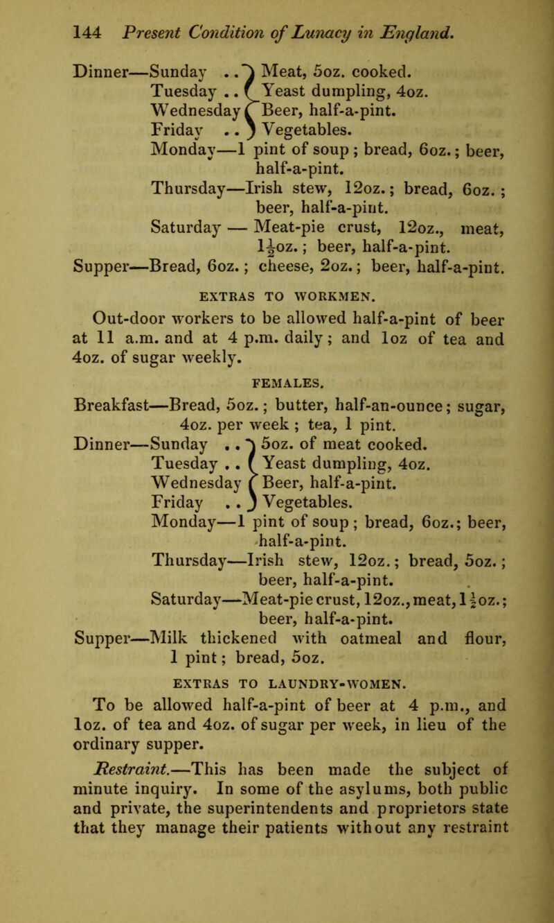 Dinner—Sunday . Meat, 5oz. cooked. Tuesday .. f Yeast dumpling, 4oz. Wednesday £~Beer, half-a-pint. Friday .. } Vegetables. Monday—1 pint of soup ; bread, 6oz.; beer, half-a-pint. Thursday—Irish stew, 12oz.; bread, 6oz. ; beer, half-a-pint. Saturday — Meat-pie crust, 12oz., meat, l^oz.; beer, half-a-pint. Supper—Bread, 6oz.; cheese, 2oz.; beer, half-a-pint. EXTRAS TO WORKMEN. Out-door workers to be allowed half-a-pint of beer at 11 a.m. and at 4 p.m. daily; and loz of tea and 4oz. of sugar weekly. FEMALES. Breakfast—Bread, 5oz.; butter, half-an-ounce; sugar, 4oz. per week ; tea, 1 pint. Dinner—Sunday .. 5oz. of meat cooked. Tuesday .. (Yeast dumpling, 4oz. Wednesday £ Beer, half-a-pint. Friday . . 3 Vegetables. Monday—1 pint of soup; bread, 6oz.; beer, half-a-pint. Thursday—Irish stew, 12oz.; bread, 5oz.; beer, half-a-pint. Saturday—-Meat-pie crust, 12oz., meat, 1 |oz.; beer, half-a-pint. Supper—Milk thickened with oatmeal and flour, 1 pint; bread, 5oz. EXTRAS TO LAUNDRY-WOMEN. To be allowed half-a-pint of beer at 4 p.m., and loz. of tea and 4oz. of sugar per week, in lieu of the ordinary supper. Restraint.—This has been made the subject of minute inquiry. In some of the asylums, both public and private, the superintendents and proprietors state that they manage their patients without any restraint