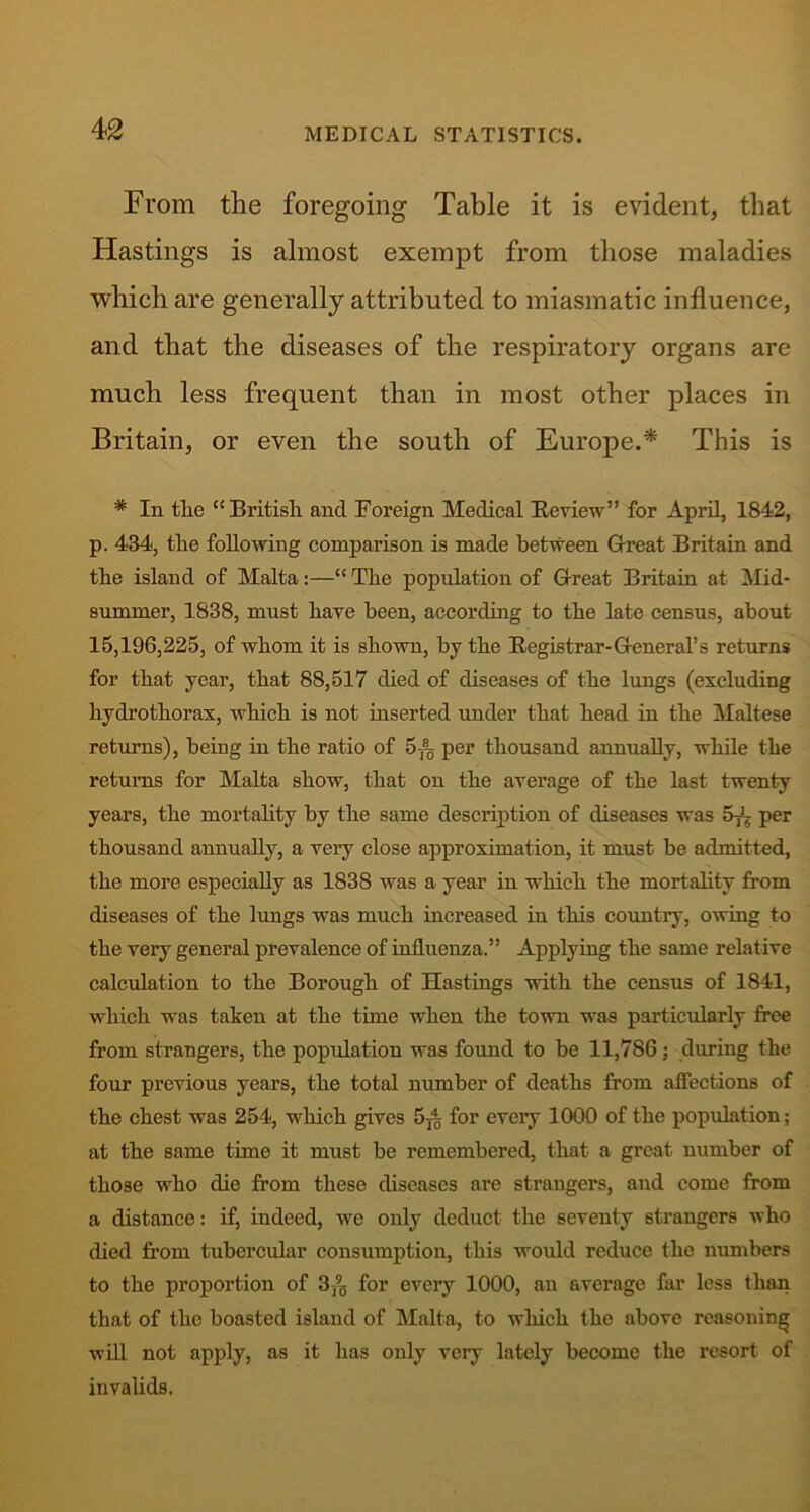 From the foregoing Table it is evident, that Hastings is almost exempt from those maladies which are generally attributed to miasmatic influence, and that the diseases of the respiratory organs are much less frequent than in most other places in Britain, or even the south of Europe.* This is * In tlie “British and Foreign Medical Review” for April, 1842, p. 434, the following comparison is made between Great Britain and the island of Malta:—“ The population of Great Britain at Mid- summer, 1838, must have been, according to the late census, about 15,196,225, of whom it is shown, by the Registrar-General’s returns for that year, that 88,517 died of diseases of the lungs (excluding hydrothorax, which is not inserted under that head in the Maltese returns), being in the ratio of 5fg per thousand annually, while the returns for Malta show, that on the average of the last twenty years, the mortality by the same description of diseases was 5^ per thousand annually, a very close approximation, it must be admitted, the more especially as 1838 was a year in which the mortality from diseases of the lungs was much increased in this country, owing to the very general prevalence of influenza.” Applying the same relative calculation to the Borough of Hastings with the census of 1841, which was taken at the tune when the town was particularly free from strangers, the population was found to be 11,786 ; during the four previous years, the total number of deaths from affections of the chest was 254, which gives 5T45 for every 1000 of the population; at the same time it must be remembered, that a great number of those who die from these diseases are strangers, and come from a distance: if, indeed, we only deduct the seventy strangers who died from tubercular consumption, this would reduce the numbers to the proportion of 3/6 for every 1000, an average far less than that of the boasted island of Malta, to which the above reasoning will not apply, as it has only very lately become the resort of invalids.