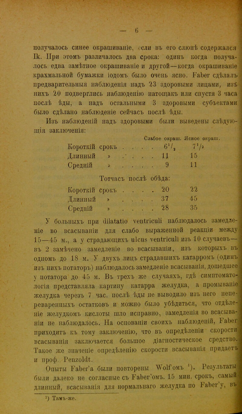 получалось синее окрашиваніе, ^сли въ его слюнѣ содержался Ік. При этомъ различалось два срока: одинъ когда получа- лось едва замѣтное окрашиваніе и другой—когда окрашиваніе крахмальной бумажки іодомъ было очень ясно. РаЬег сдѣлалъ предварительный наблюденія надъ 23 здоровыми лицами, изт> нихъ 20 подверглись наблюденію натощакъ или спустя 3 часа послѣ ѣды, а надъ остальными 3 здоровыми субъектами было сдѣлано наблюденіе сейчасъ послѣ ѣды. Изъ наблюденій надъ здоровыми были выведены слѣдую- щія заключенія: Слабое окраш. Ясное окраш. Короткій срокъ . . . . б1/, 71/2 Длинный » .* ... 11 15 Средній » .... 9 11 Тотчасъ послѣ обѣда: Короткій срокъ .... 20 22 Длинный » .... 37 45 Средній » .... 28 35 У больныхъ при сіііаіаііо ѵепігісиіі наблюдалось замедле- ние во всасываніи для слабо выраженной реакціи между 15—45 м., а у страдающихъ иісиз ѵепігісиіі изъ 10 случаевъ— въ 2 замѣчено замедленіе во всасываніи, изъ которыхъ въ одномъ до 18 м. У двухъ лицъ страдавшихъ катарромъ (одинъ изъ нихъ потаторъ) наблюдалось замедленіе всасыванія, дошедшее у потатора до 45 м. Въ трехъ же случаяхъ, гдѣ симптомато- логія представляла картину катарра желудка, а промываніе желудка черезъ 7 час. послѣ ѣды не выводило изъ него непе- реваренныхъ остатковъ и можно было убѣдиться, что отдѣле- ніе желудкомъ кислоты шло исправно, замедленія во всасыва- ли не наблюдалось. На основаніи своихъ наблюдепіи. ГаЬег приходитъ къ тому заключенію, что въ опредѣленіи скорости всасыванія заключается большое діагностическое средство. Такое же значеиіе опредѣленію скорости всасыванія придает^ и проф. РепгоШ. Опыты РаЪег'а были повторены ЛѴоІГомъ '). Результаты были далеко не согласные съ ГаЪег'омъ. 15 мин. срокъ, самый длинный, всасыванія для нормальнаго желудка по ГаЪег'у, вм А) Тамъ-же.