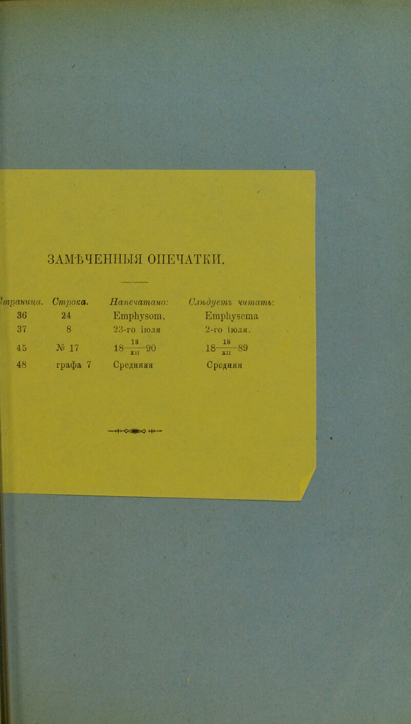 ЗАМЕЧЕННЫЙ ОПЕЧАТКИ. Ітраница. Строка. 36 24 37 8 45 48 № 17 графа 7 Напечатано: ЕтрЬузот, 23-го іюдя 18 18^-90 Средняяя Слѣдуетъ читать: Етрііузота 2-го іюля. 18 18 89 XII Средняя