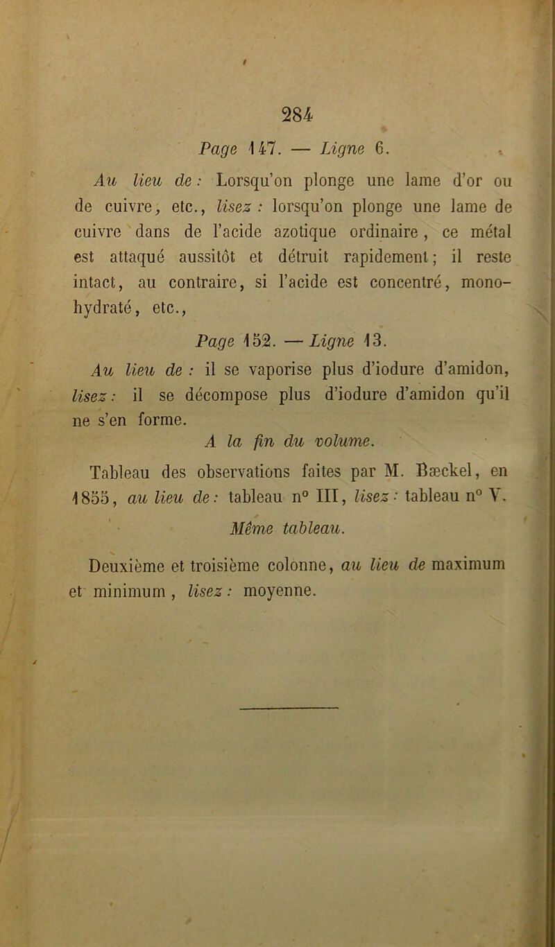 t 284 Page 147. — Ligne 6. Au lieu cle : Lorsqu’on plonge une lame d’or ou de cuivre, etc., lisez : lorsqu’on plonge une lame de cuivre dans de l’acide azotique ordinaire, ce métal est attaqué aussitôt et détruit rapidement ; il reste intact, au contraire, si l’acide est concentré, mono- hydraté, etc., Page 152. —Ligne 13. Au lieu de : il se vaporise plus d’iodure d’amidon, lisez: il se décompose plus d’iodure d’amidon qu’il ne s’en forme. A la fin du volume. Tableau des observations faites par M. Bæckel, en 1855, au lieu de: tableau n° III, lisez • tableau n° Y. Même tableau. Deuxième et troisième colonne, au lieu de maximum et minimum , lisez : moyenne.