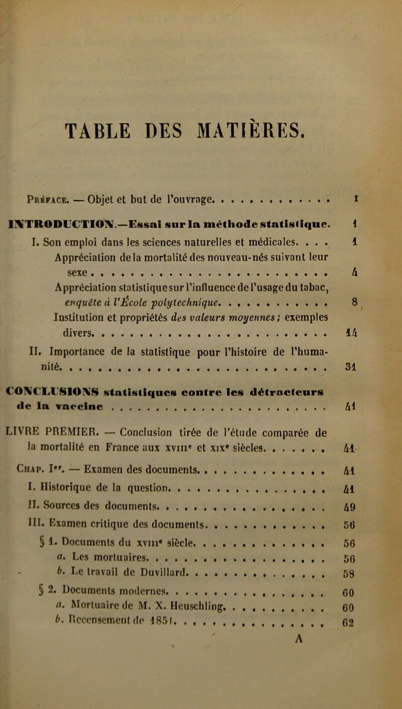 TABLE DES MATIÈRES. Préface. — Objet et but de l’ouvrage i INTRODUCTION.—Essai sur la méthode statistique. 1 I. Son emploi dans les sciences naturelles et médicales. ... 1 Appréciation delà mortalité des nouveau-nés suivant leur sexe 4 Appréciation statistique sur l’influence de l’usage du tabac, enquête à l’École polytechnique 8 Institution et propriétés des valeurs moyennes ; exemples divers 14 II. Importance de la statistique pour l’histoire de l’huma- nité 31 CONCLUSIONS statistiques contre les détracteurs de la vaccine 41 LIVRE PREMIER. — Conclusion tirée de l’étude comparée de la mortalité en France aux xvm' et xixe siècles 41 Ciiap. Ier. — Examen des documents 41 I. Historique de la question Al II. Sources des documents. 49 III. Examen critique des documents 56 § 1. Documents du xvm* siècle 56 a. Les mortuaires 56 b. Le travail de Duvillard 58 § 2. Documents modernes 60 a. Mortuaire de M. X. Heuschling. 60 b. Recensement de 1851 62 A