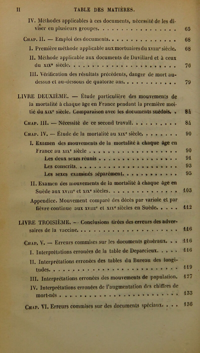 IV. Méthodes applicables à ces documents, nécessité de les di- viser eu plusieurs groupes 65 Chap. II. — Emploi des documents 68 I. Première méthode applicable aux mortuaires du xviii'siècle. 68 II. Méthode applicable aux documents de Duvillard et à ceux du xixe siècle 70 III. Vérification des résultats précédents, danger de mort au- dessus et au-dessous de quatorze ans 79 LIVRE DEUXIÈME. — Élude particulière des mouvements de la mortalité à chaque âge en France pendant la première moi- tié du xixe siècle. Comparaison avec les documents suédois. . 84 Chap. III. — Nécessité de ce second travail 84 Chap. IV. — Étude de la mortalité au xixe siècle 90 I. Examen des mouvements de la mortalité à chaque âge en France au xi\e siècle 90 Les deux sexes réunis » « 91 Les conscrits 93 Les sexes examinés séparément * 95 II. Examen des mouvements de la mortalité ù chaque âge en Suède aux xvme et xix'siècles 103 Appendice. Mouvement comparé des décès par variole et par fièvre continue aux xviii' et xixe siècles en Suède. .... 112 LIVRE TROISIÈME. - Conclusions tirées des erreurs des adver- saires de la vaccine 416 Chap. V. — Erreurs commises sur les documents généraux. . . 116 I. Interprétations erronées de la table de Deparcieux 116 IL Interprétations erronées des tables du Bureau des longi- tudes 119 III. Interprétations erronées des mouvements de population. 127 IV. Interprétations erronées de l’augmentation des chiffres de mort-nés * 133 Chap. VI. Erreurs commises sur des documents spéciaux. ... 136