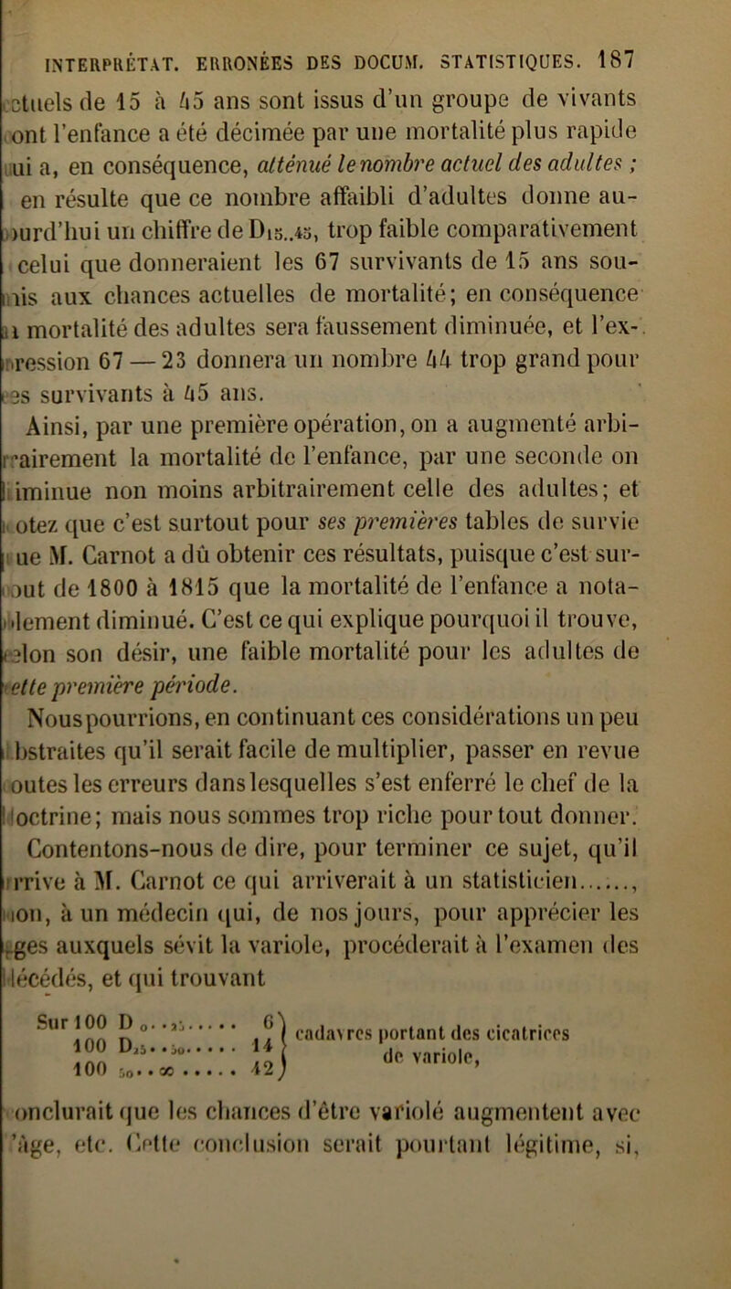 cstuels de 15 à h5 ans sont issus d’un groupe de vivants ont l’enfance a été décimée par une mortalité plus rapide ui a, en conséquence, atténué le nombre actuel des adultes ; en résulte que ce nombre affaibli d’adultes donne au- mrd’hui un chiffre de D15..45, trop faible comparativement celui que donneraient les 67 survivants de 15 ans sou- mis aux chances actuelles de mortalité; en conséquence i mortalité des adultes sera faussement diminuée, et l’ex- ■ression 67 — 23 donnera un nombre hk trop grand pour 13s survivants à ti5 ans. Ainsi, par une première opération, on a augmenté arbi- trairement la mortalité de l’enfance, par une seconde on i iminue non moins arbitrairement celle des adultes; et i otez que c’est surtout pour ses premières tables de survie ue M. Carnot a dû obtenir ces résultats, puisque c’est sur- i aut de 1800 à 1815 que la mortalité de l’enfance a nota- blement diminué. C’est ce qui explique pourquoi il trouve, b don son désir, une faible mortalité pour les adultes de i elle première période. Nouspourrions, en continuant ces considérations un peu bstraites qu’il serait facile de multiplier, passer en revue outes les erreurs dans lesquelles s’est enferré le chef de la I octrine ; mais nous sommes trop riche pour tout donner. Contentons-nous de dire, pour terminer ce sujet, qu’il prive à M. Carnot ce qui arriverait à un statisticien , non, à un médecin qui, de nos jours, pour apprécier les .ges auxquels sévit la variole, procéderait à l’examen des i décédés, et qui trouvant Sur 100 D0.-jj 100 Dj5 • • 100 50# • ..... cadavres portant des cicatrices de variole, (inclurait que les chances d’être variolé augmentent avec ’àge, etc. Cette conclusion serait pourtant légitime, si.