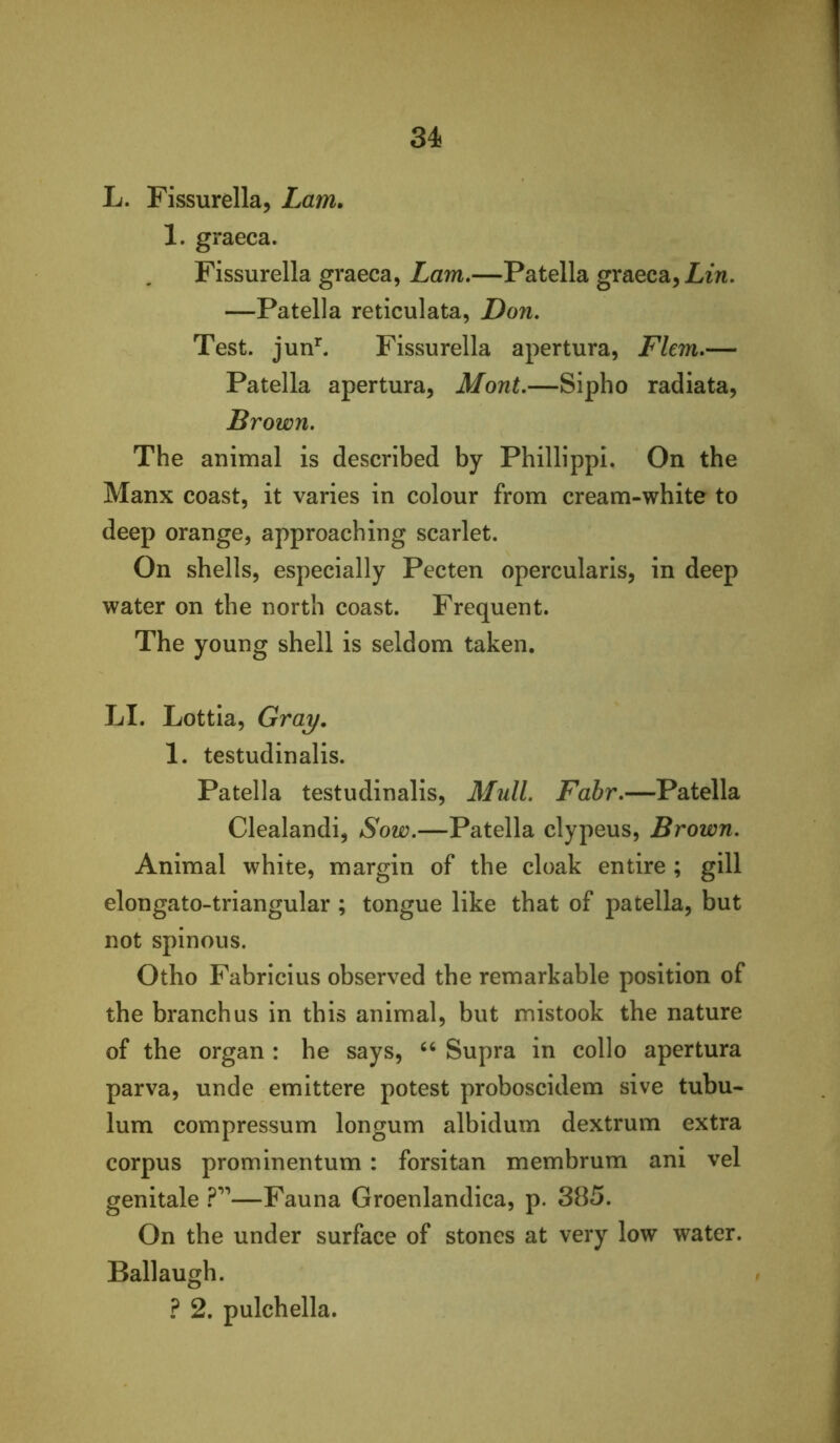 L. Fissurella, Lam. 1. graeca. Fissurella graeca, Lam»—Patella graeca, Liw. —Patella reticulata, Don, Test, jun^ Fissurella apertura, Flem*— Patella apertura, Mont,—Sipho radiata. Brown, The animal is described by Phillippi. On the Manx coast, it varies in colour from cream-white to deep orange, approaching scarlet. On shells, especially Pecten opercularis, in deep water on the north coast. Frequent. The young shell is seldom taken. LI. Lottia, Gray. 1. testudinalis. Patella testudinalis, Mull. Fabr,—Patella Clealandi, Sow,—Patella clypeus. Brown, Animal white, margin of the cloak entire ; gill elongato-triangular ; tongue like that of patella, but not spinous. Otho Fabricius observed the remarkable position of the branch us in this animal, but mistook the nature of the organ : he says, Supra in collo apertura parva, unde emittere potest proboscidem sive tubu- lum compressum longum albidum dextrum extra corpus prominentum: forsitan membrum ani vel genitale —Fauna Groenlandica, p. 385. On the under surface of stones at very low water. Ballaugh. ? 2. pulchella.